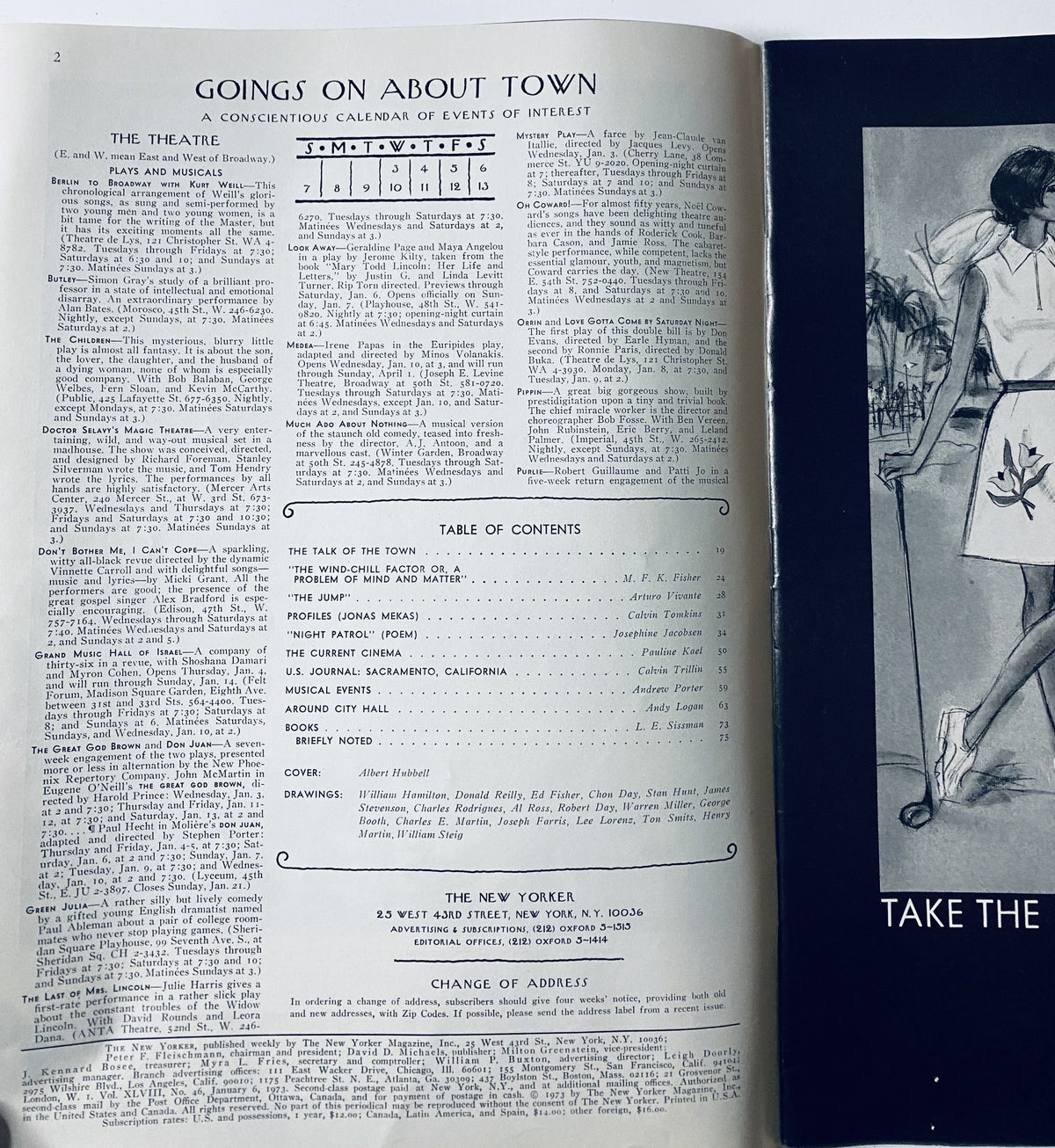 Inside spread of The New Yorker Magazine from January 6, 1973, displaying event listings and the table of contents, highlighting cultural activities and contributions by various authors.