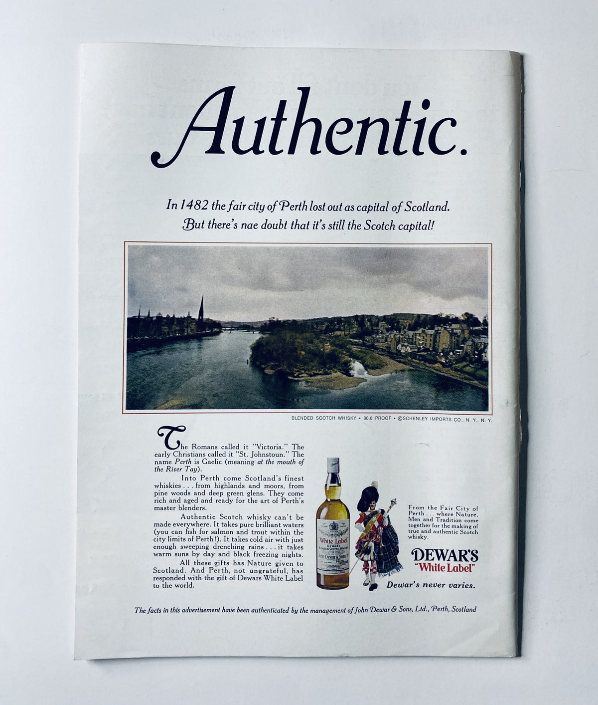 Back cover of The New Yorker Magazine February 3, 1973 advertising Dewar's White Label whiskey with an image of the Scottish city of Perth.