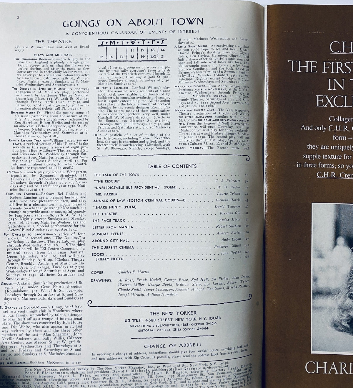 Page featuring calendar of events from The New Yorker Magazine, April 14, 1973, highlighting theatre and cultural activities, cover art by Charles Martin.