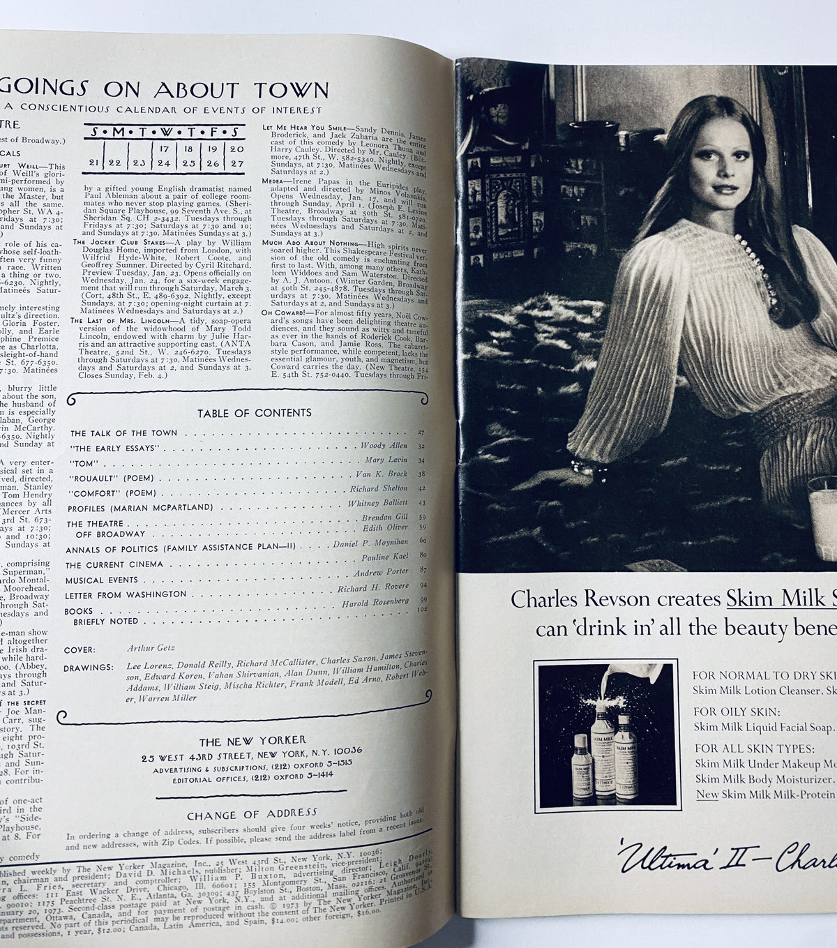 Inside pages of The New Yorker Magazine January 20, 1973, displaying the Table of Contents and a calendar of events.
