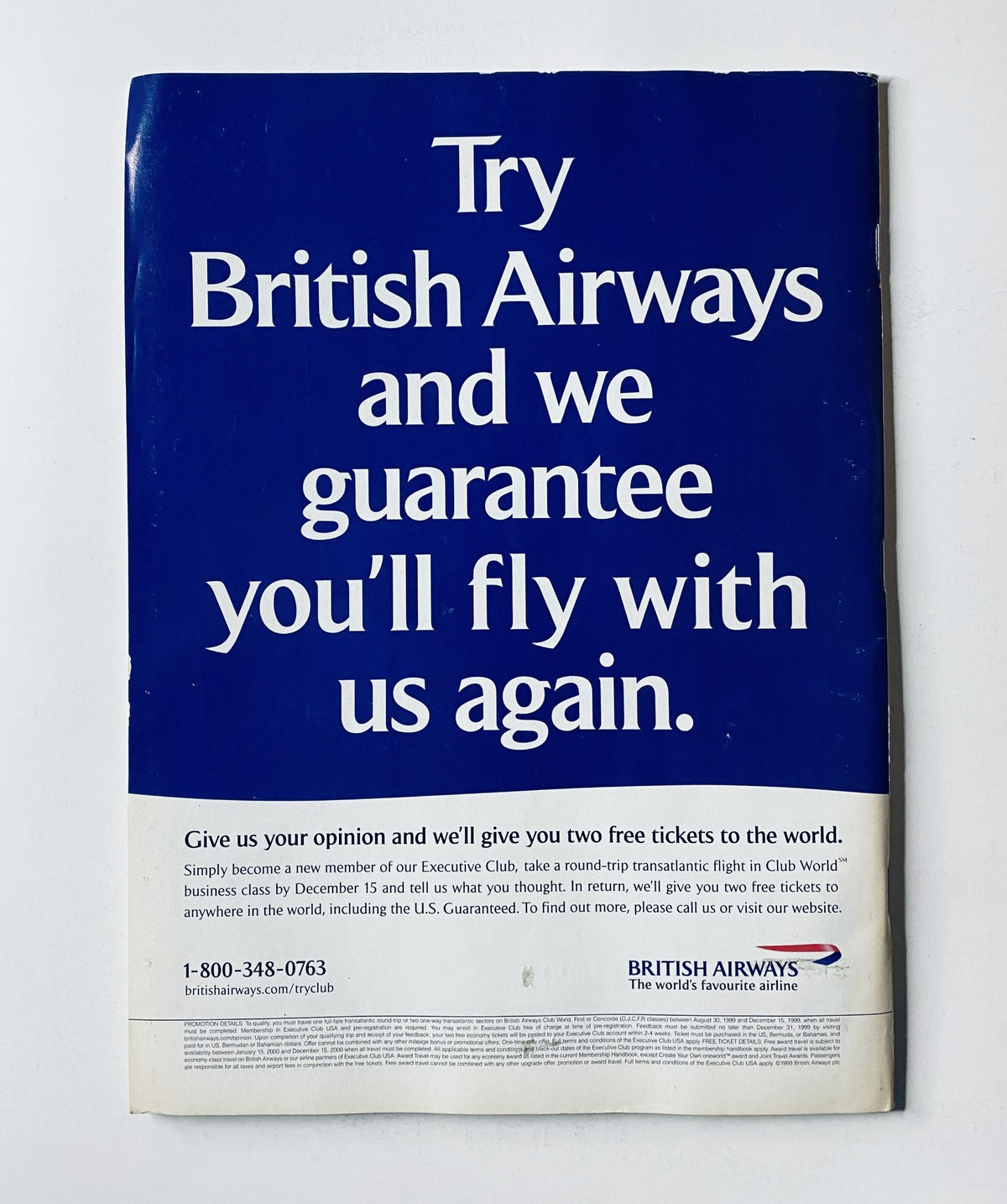 Vintage advertisement for British Airways encouraging customers to fly again, featuring the phrase 'Try British Airways and we guarantee you'll fly with us again.' This ad is associated with The New Yorker Magazine November 1, 1999 Halloween Pikachu Cover by Harry Bliss.