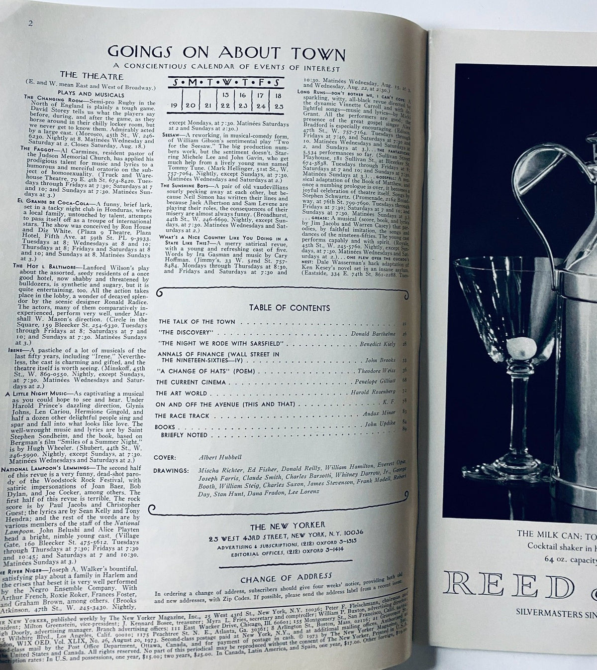 The New Yorker Magazine August 20, 1973 interior page showcasing the content list and events calendar, highlighting articles and features within the issue.