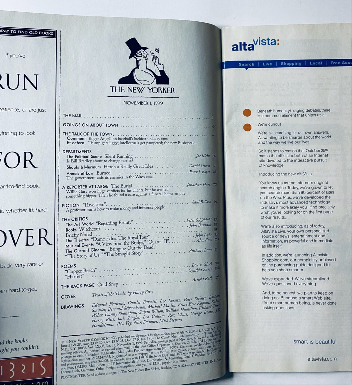 Inside view of The New Yorker Magazine from November 1, 1999, displaying the Table of Contents and article listings, showcasing a layout typical of this renowned publication.
