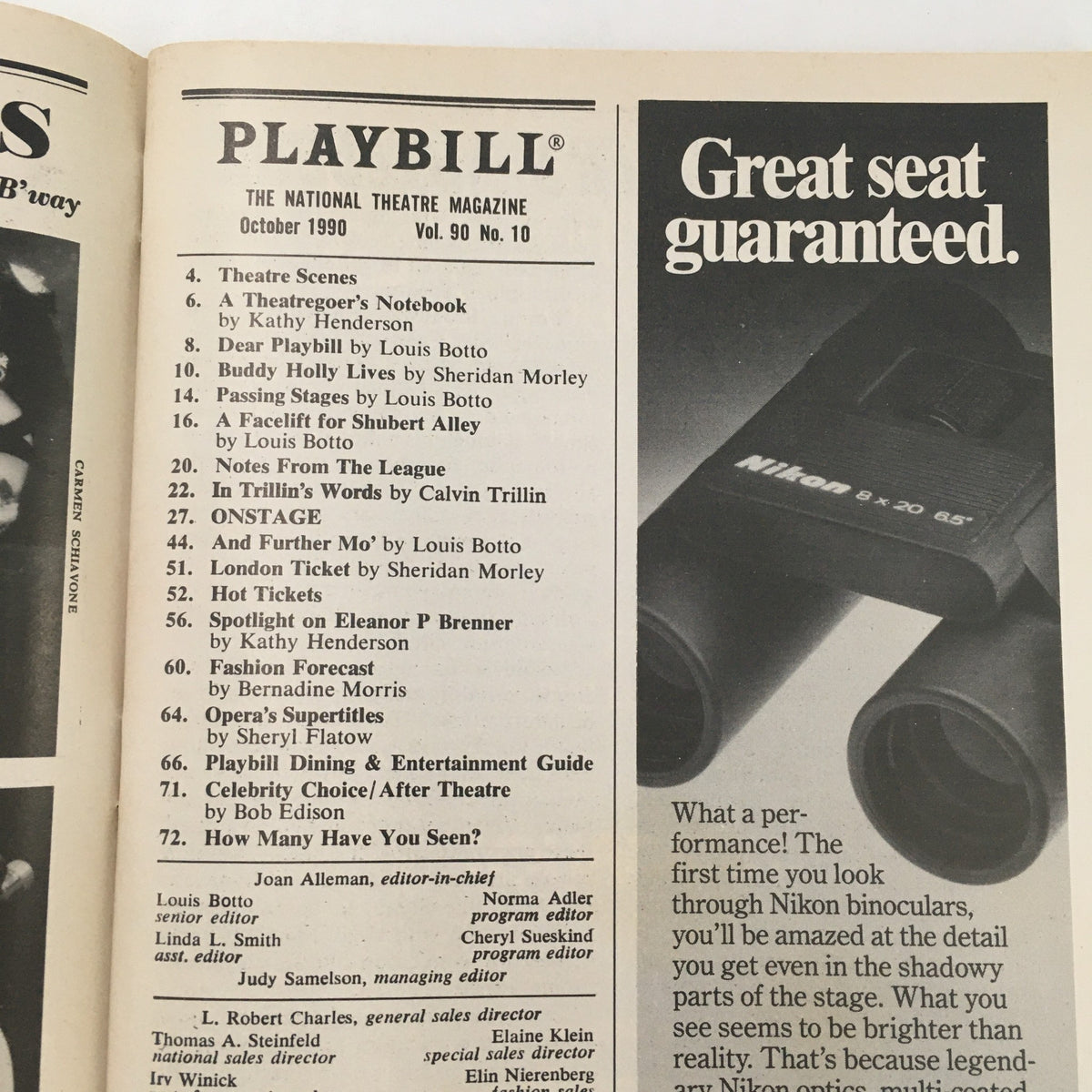 Interior page of the 1990 Playbill for The Colorado Catechism, featuring the magazine cover and content listing.