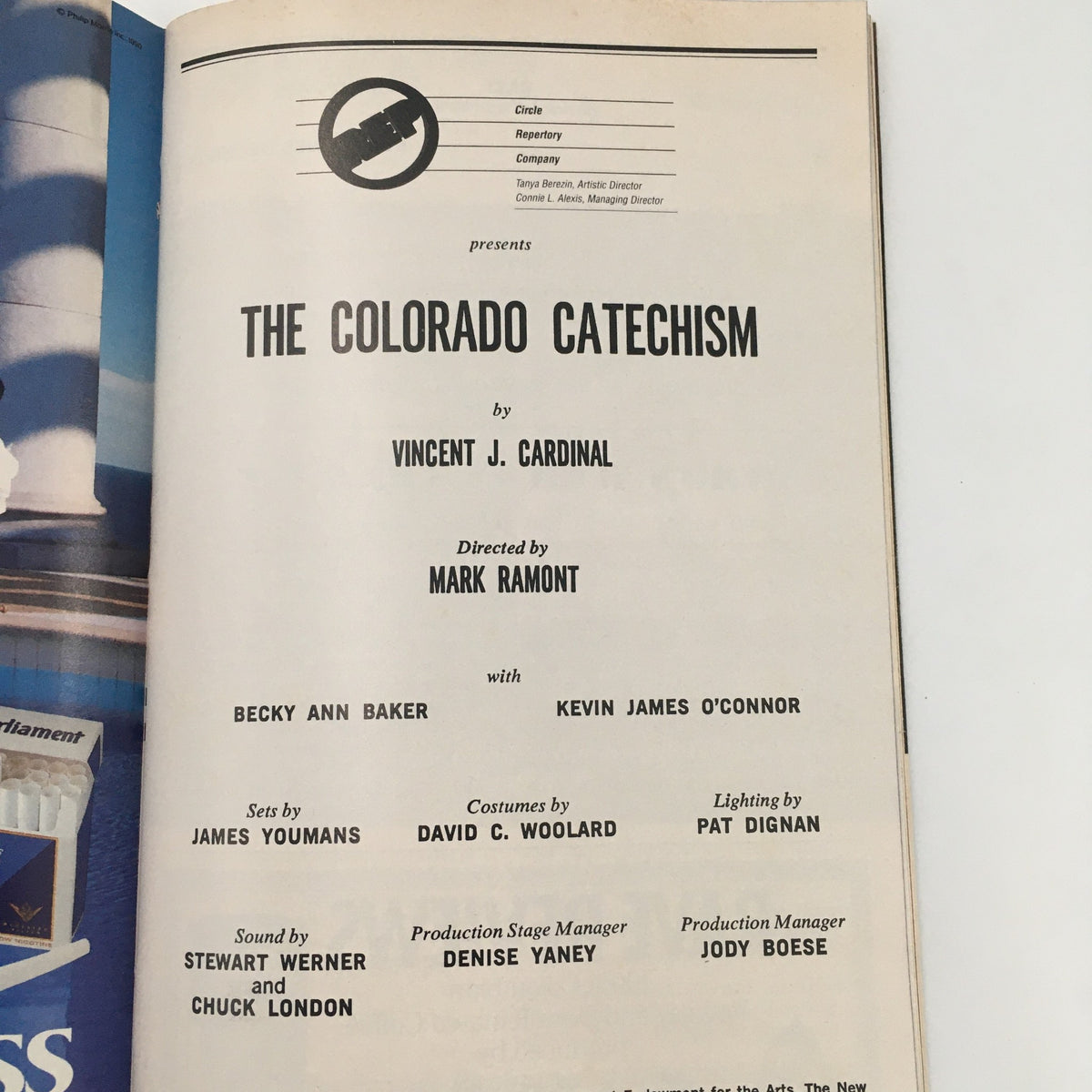 Page of the 1990 Playbill presenting The Colorado Catechism by Vincent Cardinal, including cast and production details.
