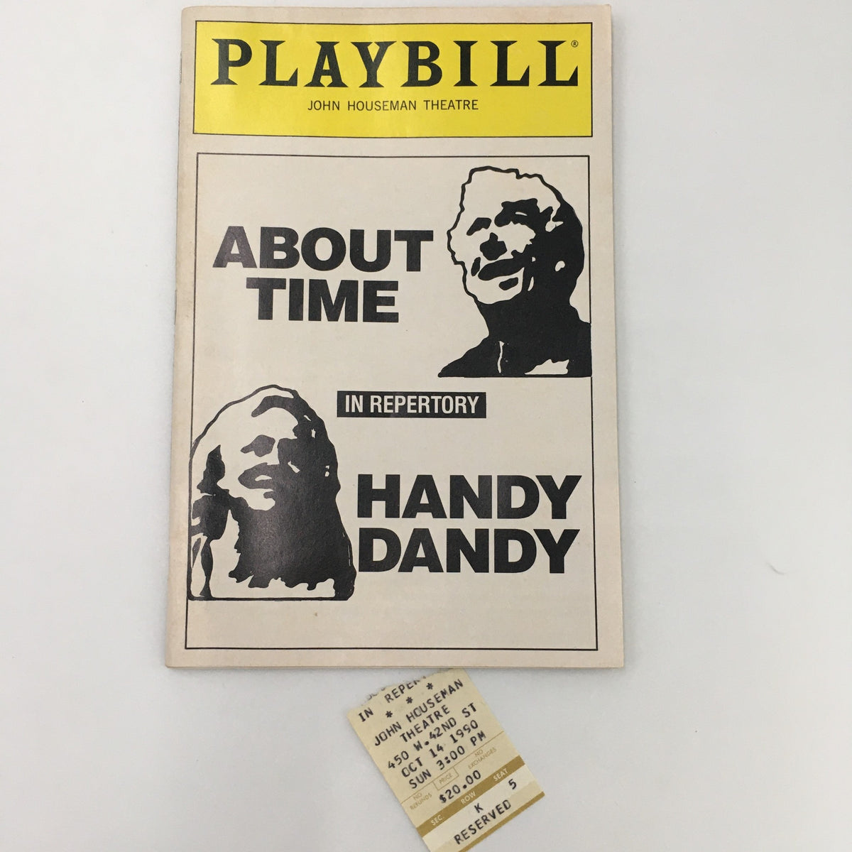 1990 Playbill titled 'Handy Dandy' by William Gibson, featuring black and white portraits of characters, along with the ticket stub displayed below.