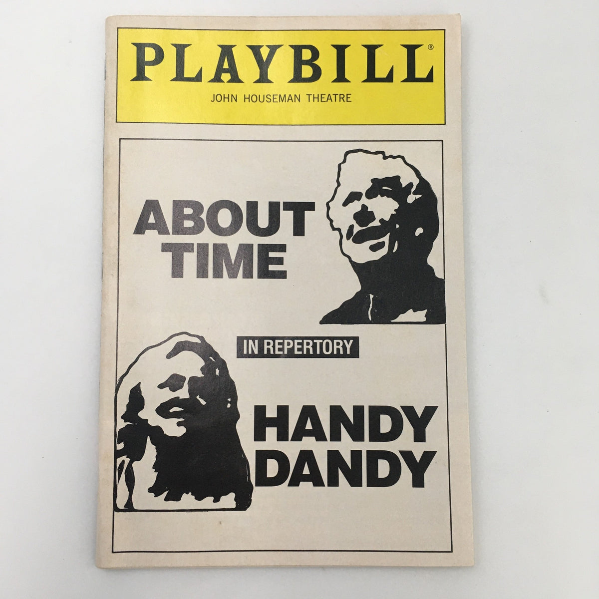 Close-up of the 1990 Playbill for 'Handy Dandy' by William Gibson, highlighting the bold title and character illustrations.