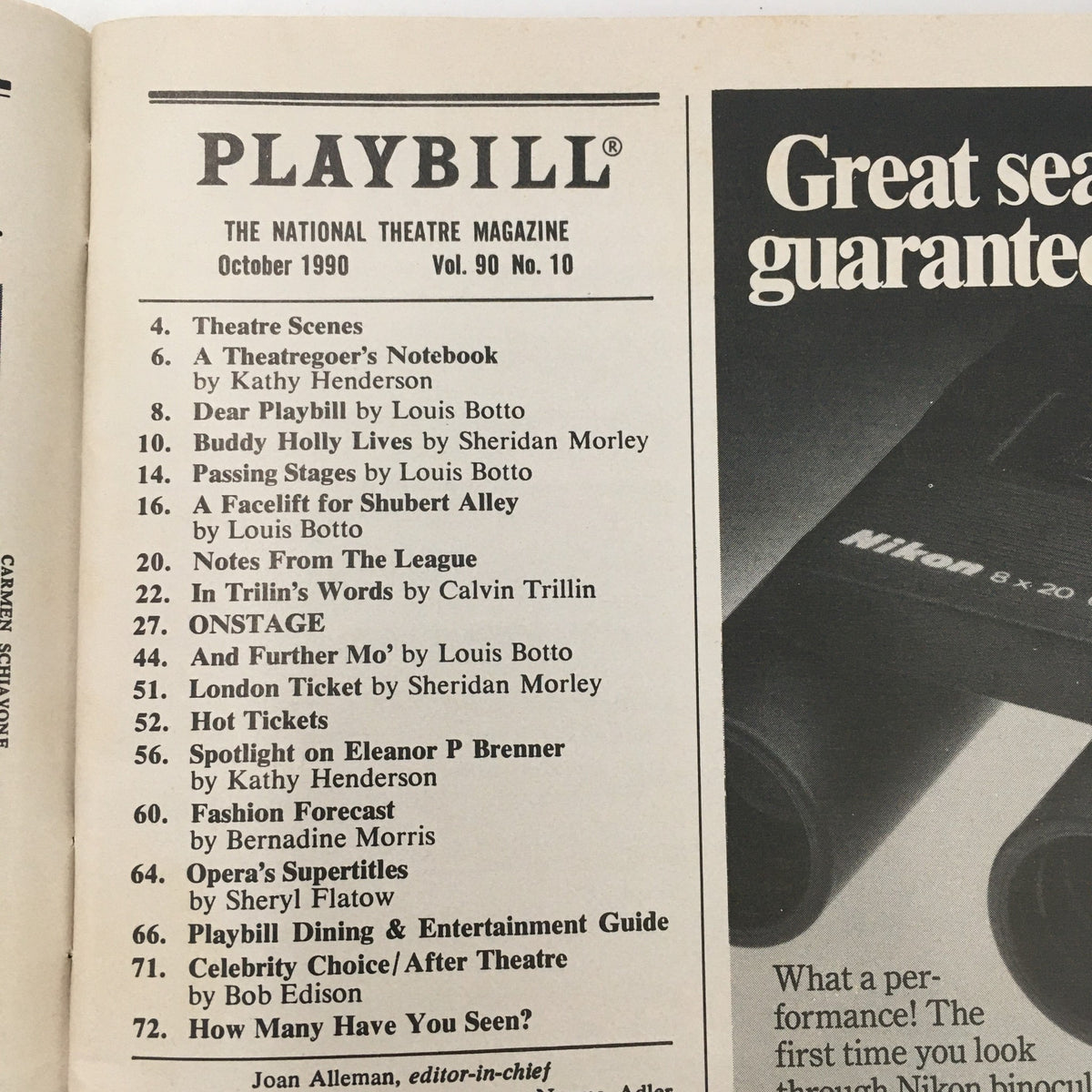 Inside page of the 1990 Playbill for 'Handy Dandy' by William Gibson from the John Houseman Theatre, featuring contents and additional information about the show.