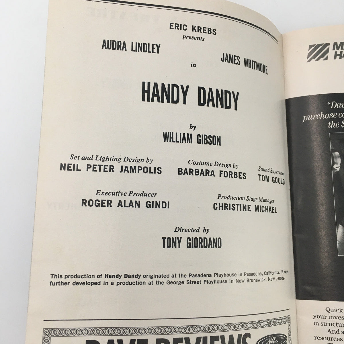 1990 Playbill for Handy Dandy by William Gibson, featuring cast details and production credits, displayed inside the John Houseman Theatre edition.