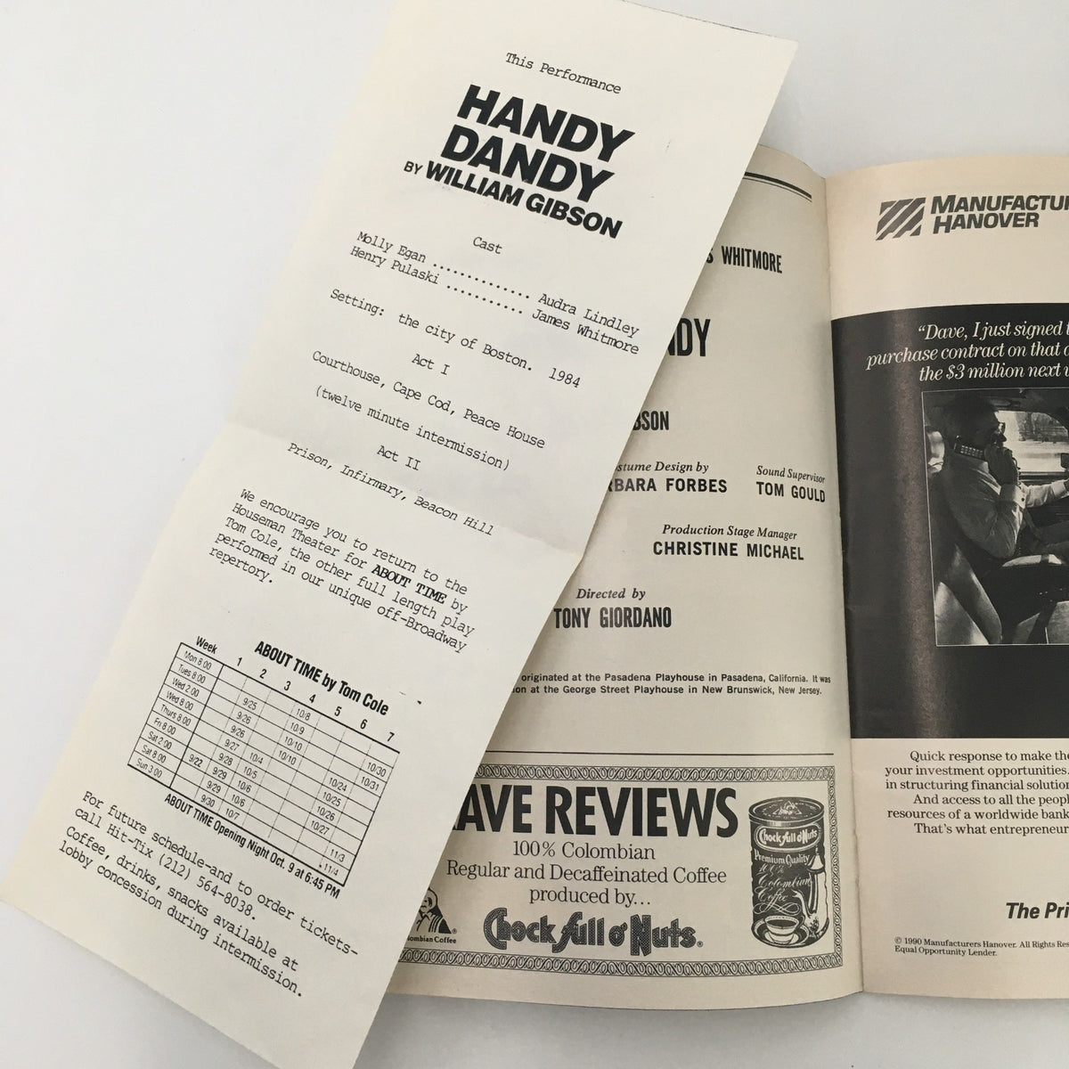 1990 Playbill for Handy Dandy by William Gibson, showcasing the original performance ticket and additional information paper, reflecting historic theatrical elements.