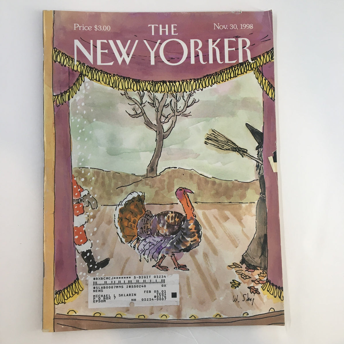 Cover of The New Yorker Full Magazine November 30, 1998 featuring William Steig's Act II illustration with a whimsical turkey and a witch, perfect for collectors.