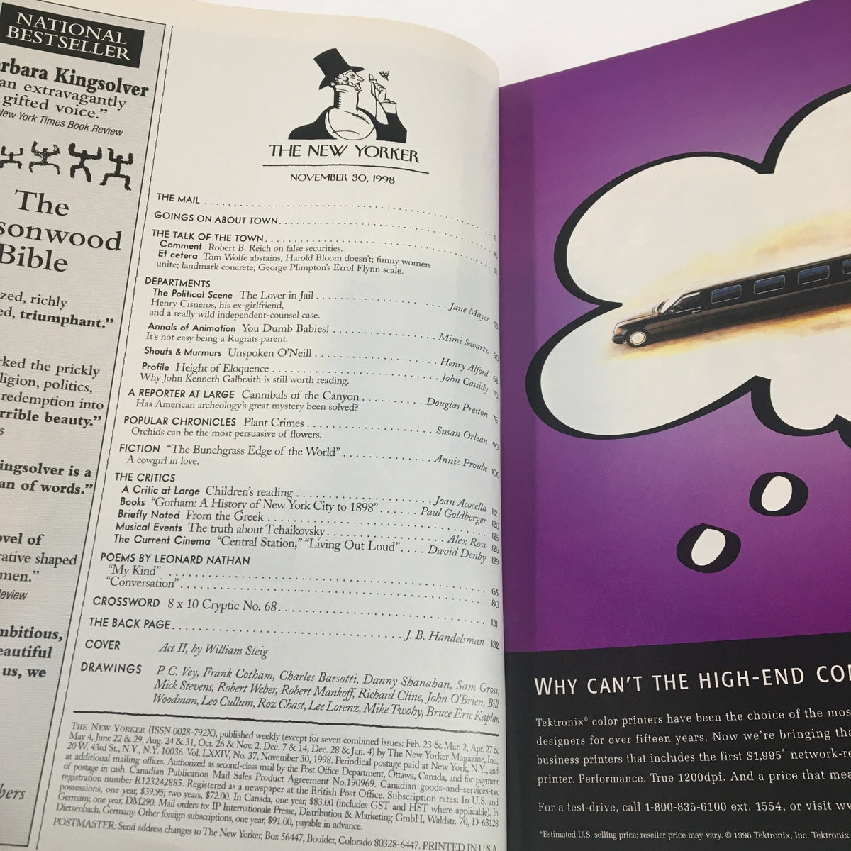 Inside spread of The New Yorker Full Magazine from November 30, 1998, featuring article listings and an advertisement. Includes the whimsical Act II by William Steig.