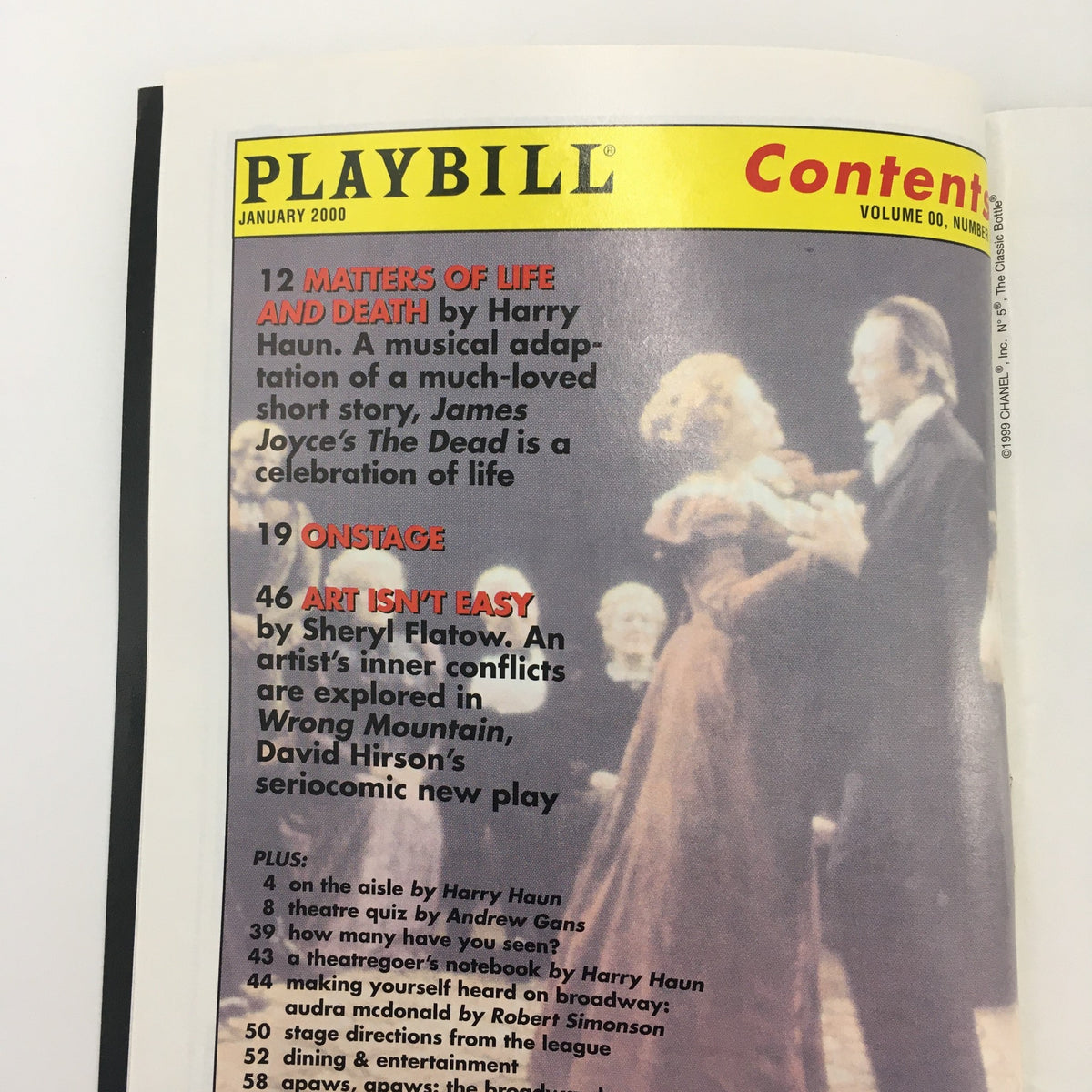 Inside view of the January 2000 Playbill showing the contents page with a featured article about 'Wrong Mountain' by David Hirson.