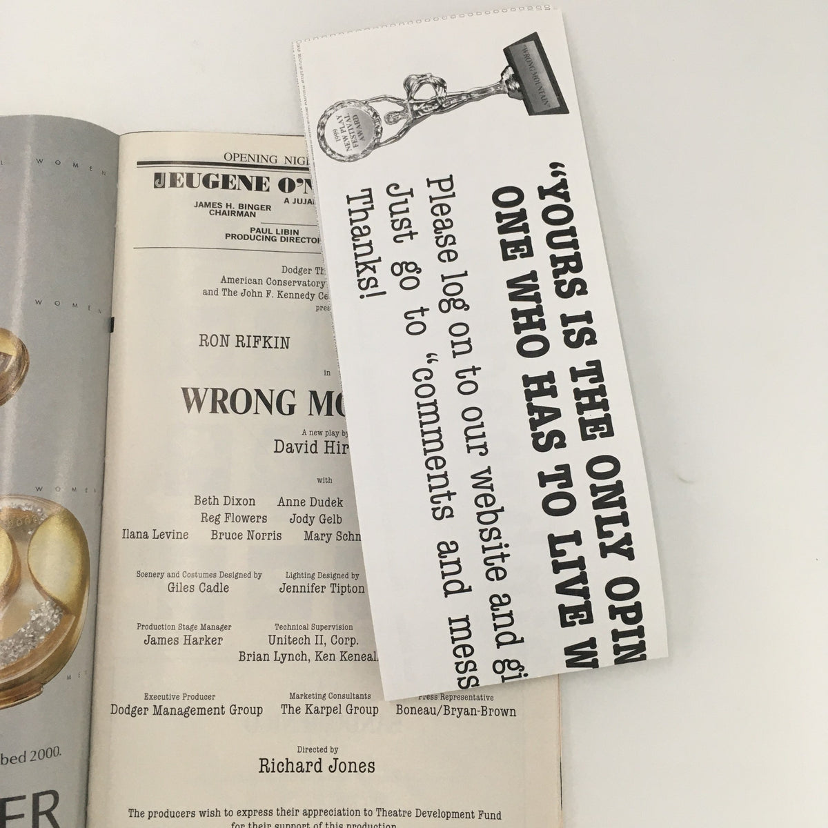 Promotional insert for 'Wrong Mountain' included in the Playbill, featuring a personalized message regarding audience engagement.