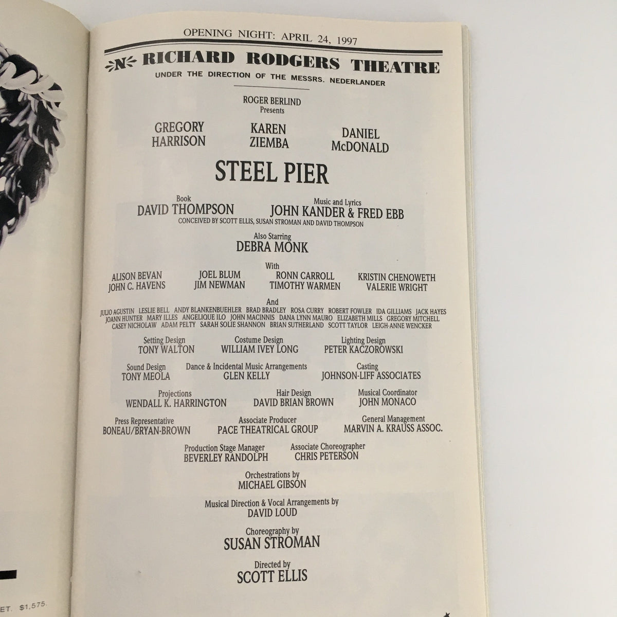 Interior page of the 1997 Playbill for 'Steel Pier' at the Richard Rodgers Theatre, showcasing cast and crew details, enhancing your theatre memorabilia collection.