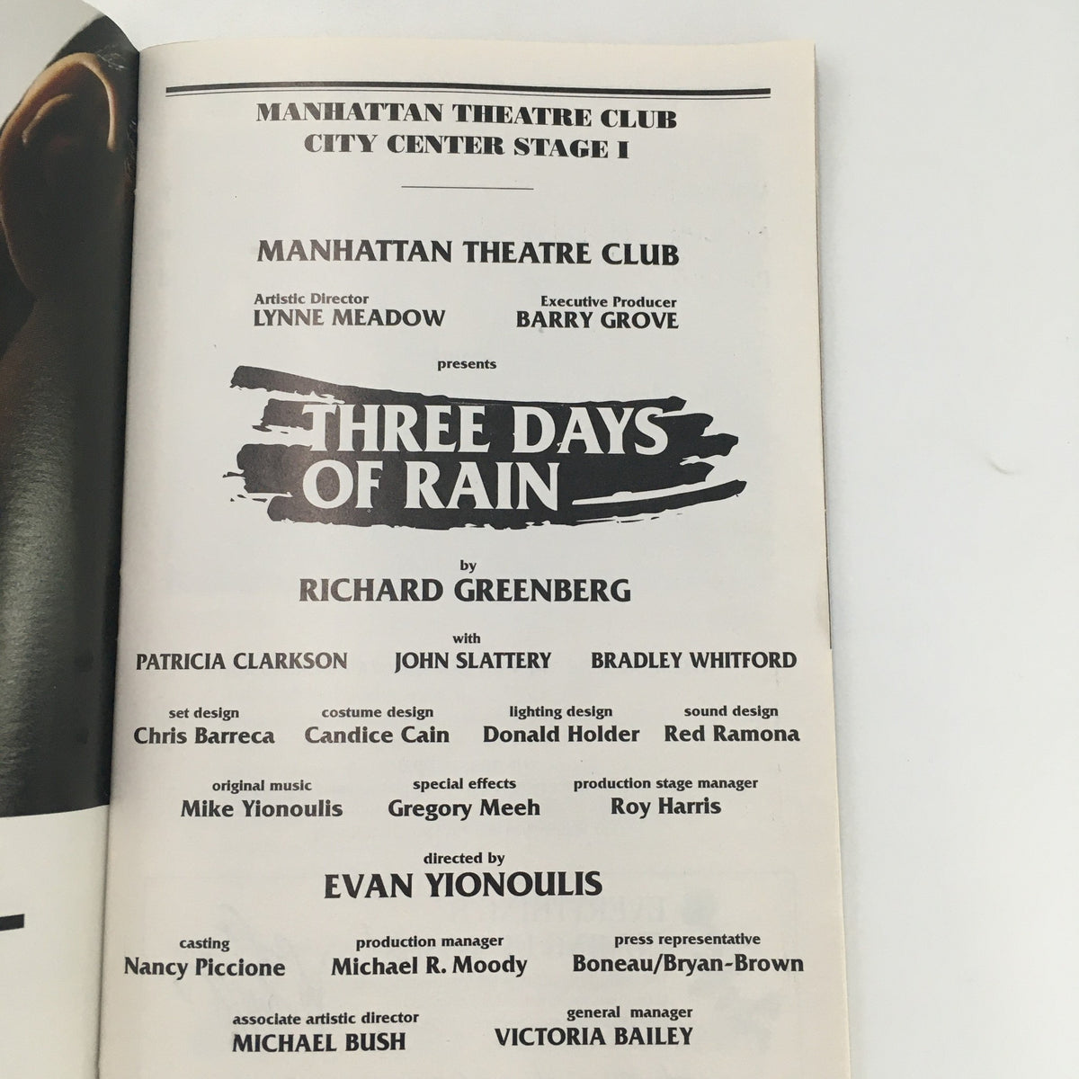 Details page from the 1997 Playbill for 'Three Days of Rain' highlighting key cast members and production team, produced by Manhattan Theatre Club.