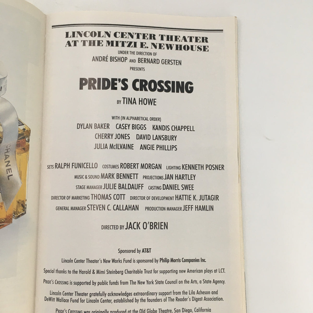 Another internal page of the 1997 Playbill for 'Pride's Crossing,' displaying cast and crew details along with production information at the Mitzi E. Newhouse Theatre.