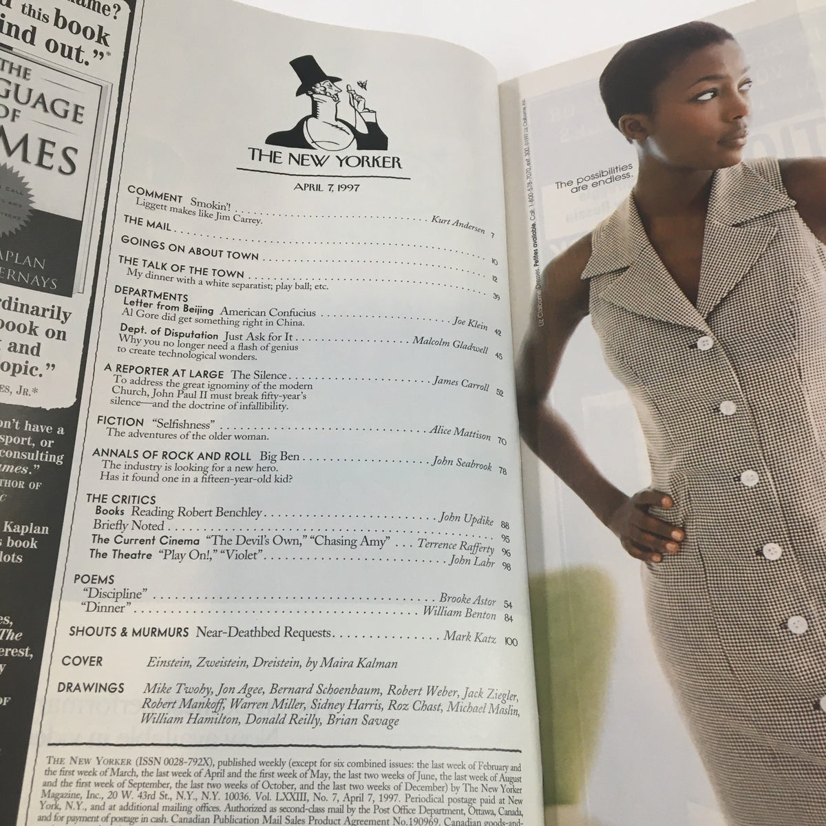 Interior page of The New Yorker Magazine April 7 1997 showing the table of contents and features including essays and artwork.