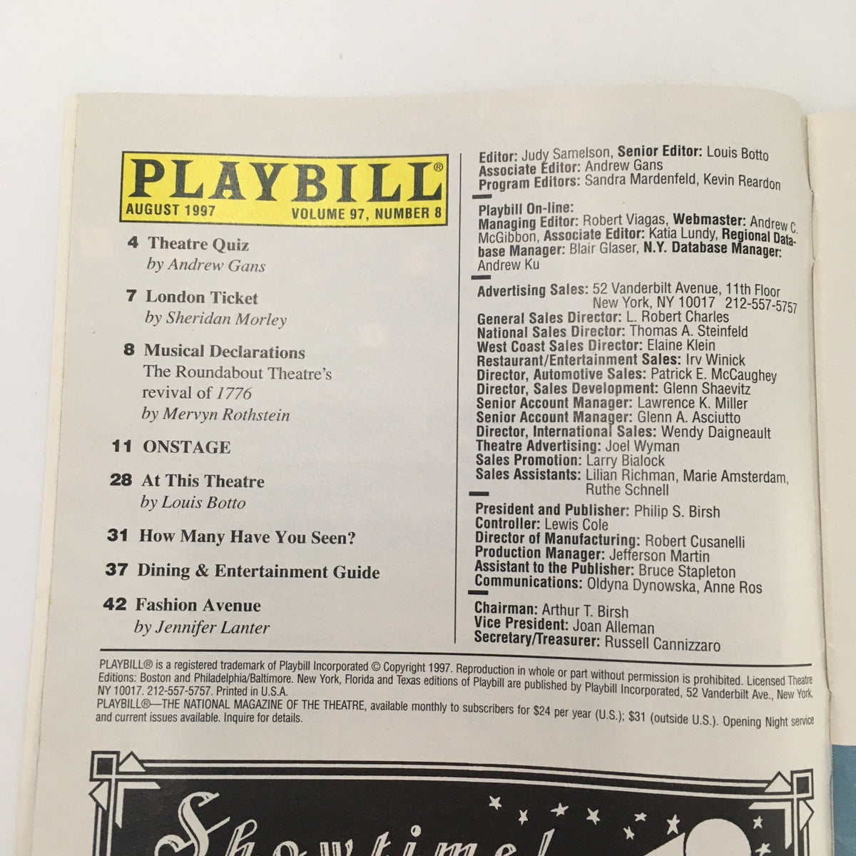 Inside page of the 1997 Playbill for 'Gross Indecency' at Minetta Lane Theatre, showcasing its features and contributing editorial staff.