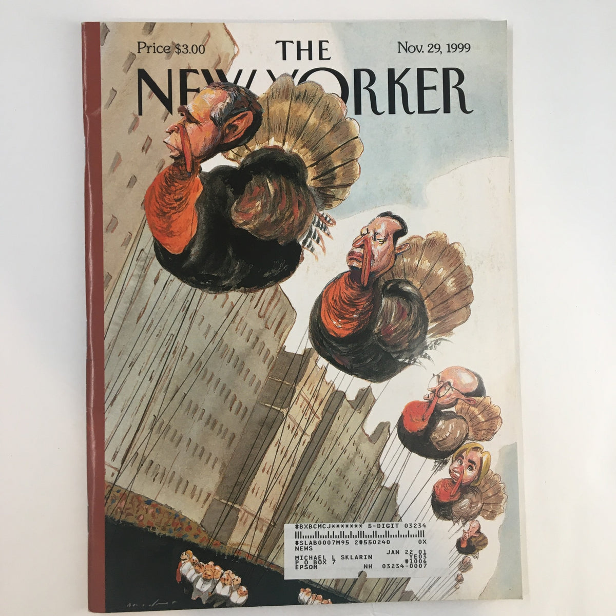 The New Yorker Full Magazine November 29 1999 cover featuring a whimsical Turkey Day illustration by Steve Brodner, depicting floating caricatured turkeys among city buildings.
