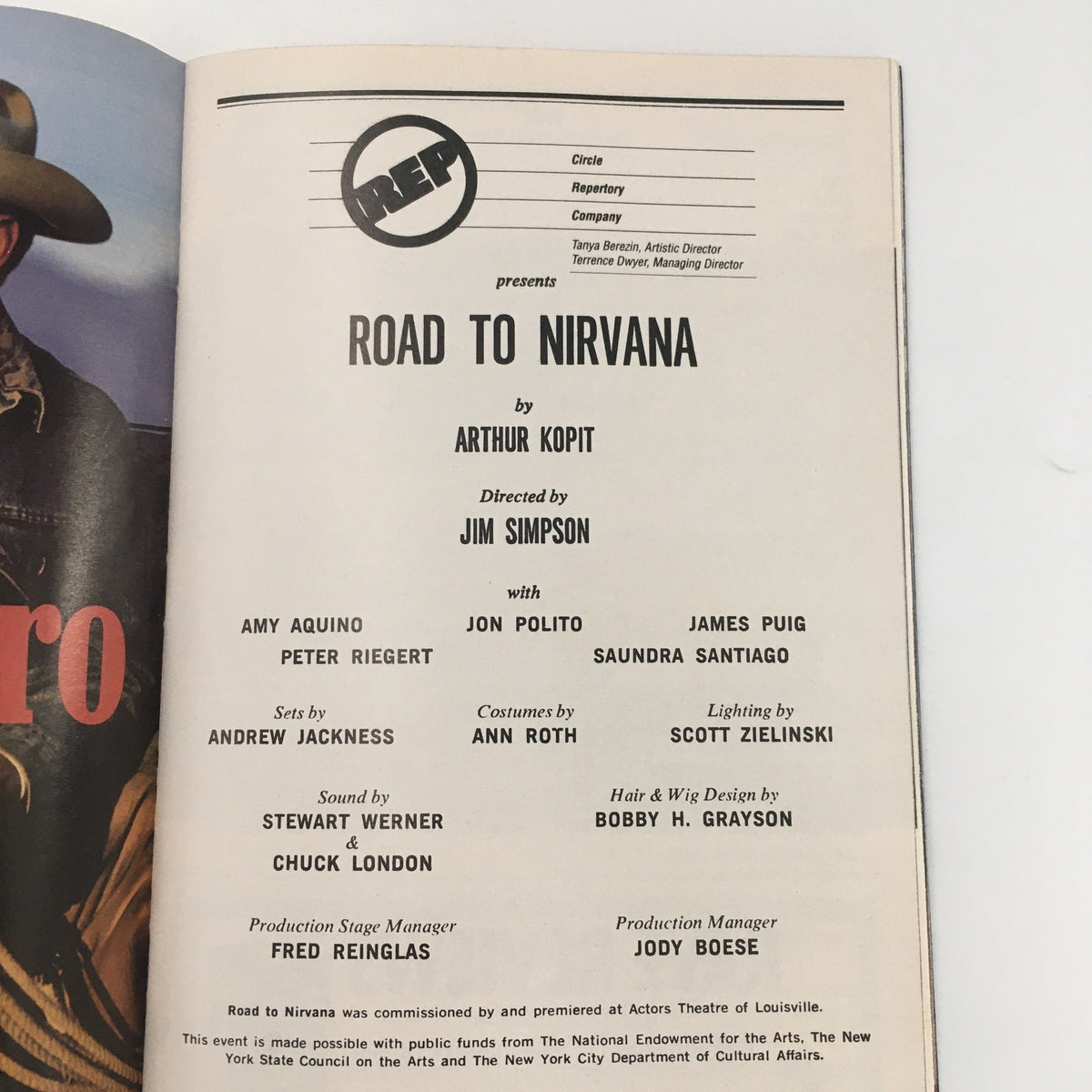 Inside page of the 1991 Playbill showing cast and crew details for Circle Repertory Company's 'Road to Nirvana' directed by Jim Simpson.