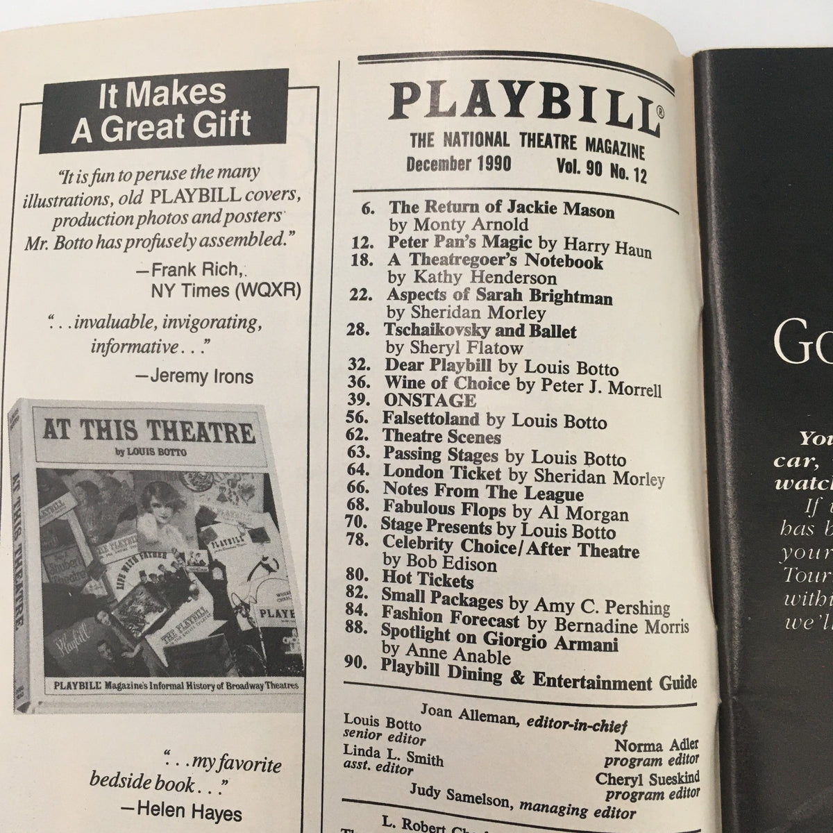 Interior pages of the 1990 Playbill for 'Monster In A Box' by Spalding Gray, showcasing the program details and theater credits.