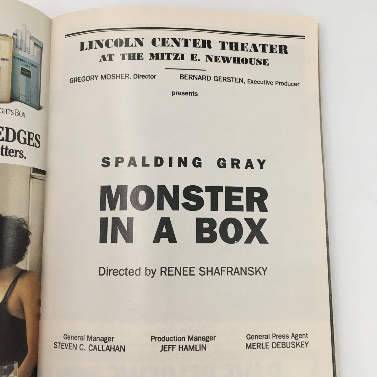Interior page of the 1990 Playbill for 'Monster In A Box' by Spalding Gray, featuring production credits and information about the performance at the Mitzi E. Newhouse Theater.