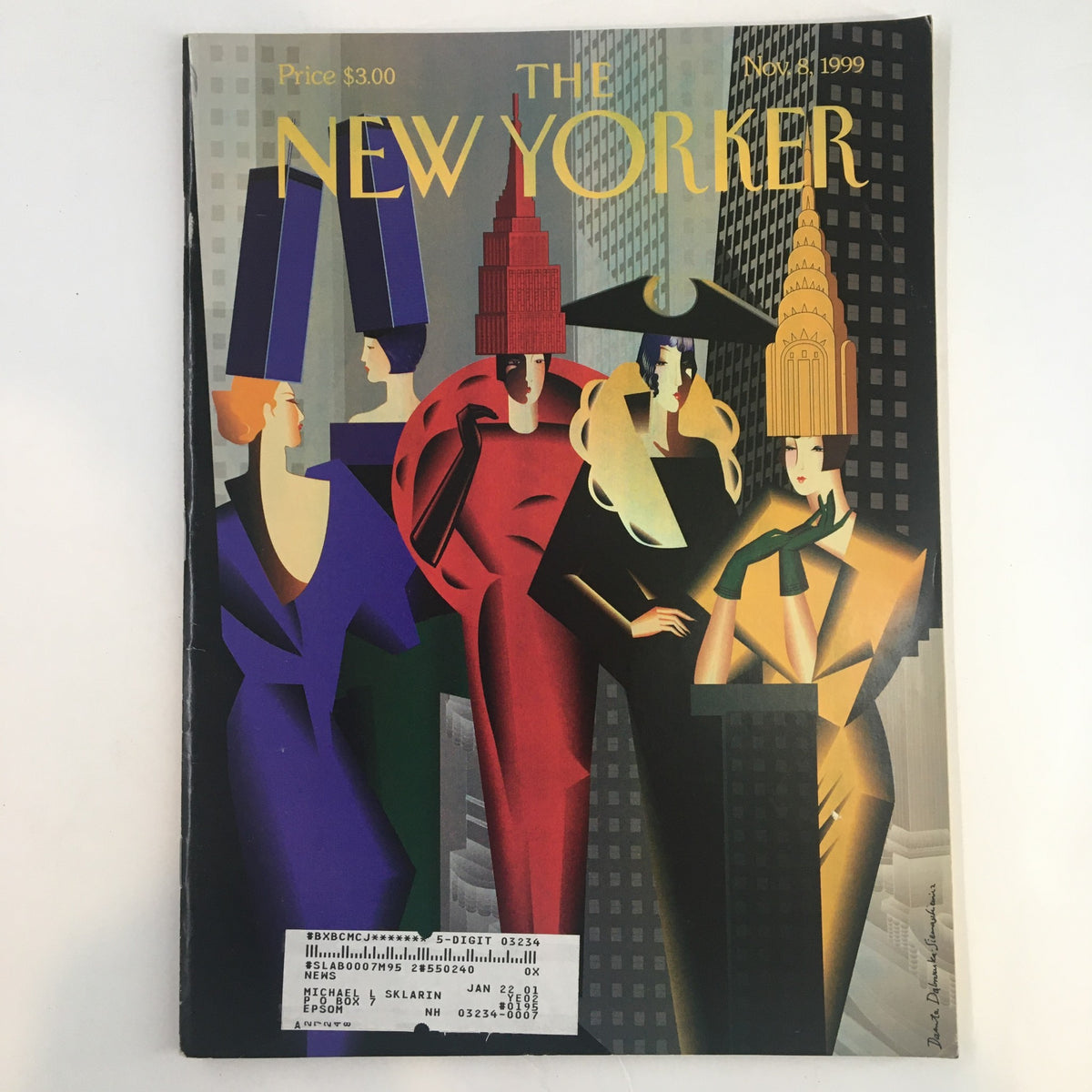 The New Yorker Full Magazine November 8 1999 cover featuring artwork by Danuta Dabrowska, showcasing fashionable figures in unique hats against a city backdrop.