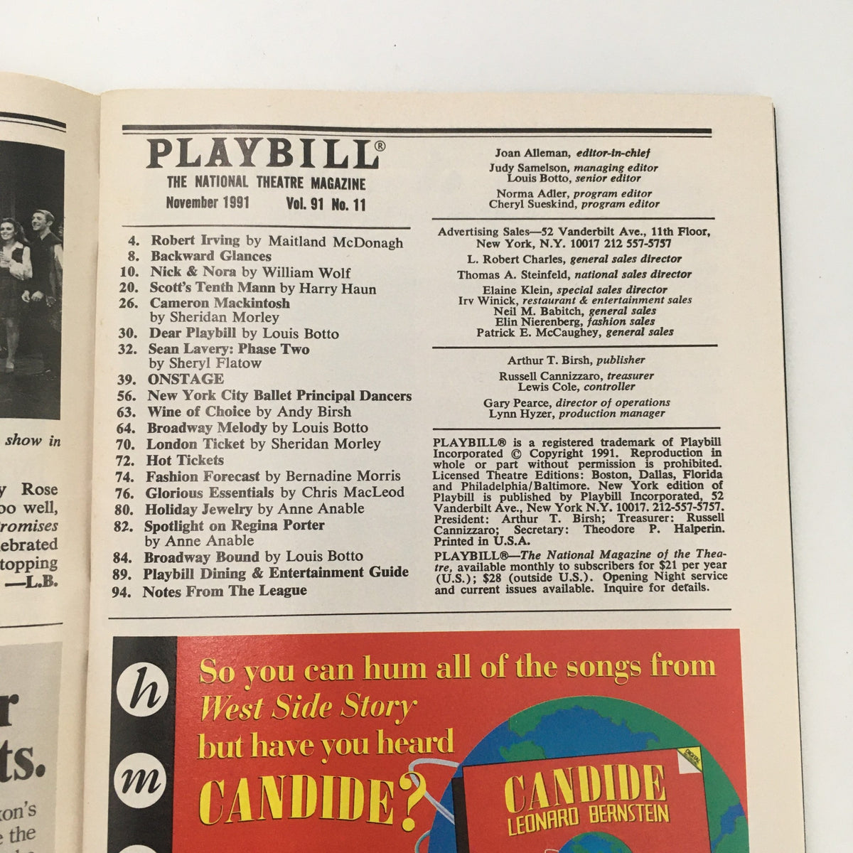 Interior of the 1991 Playbill for ‘Servy-n-Bernice 4Ever’, showcasing contents and articles of the November 1991 issue.