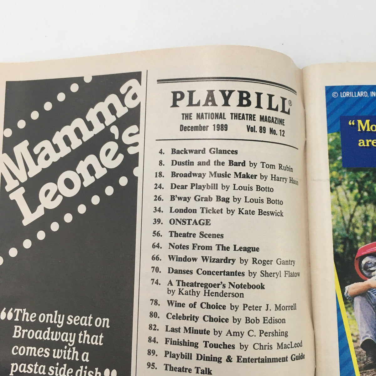 Interior page of the December 1989 Playbill showing the table of contents, highlighting various articles including 'Backward Glances' and 'Celebrity Choice.'