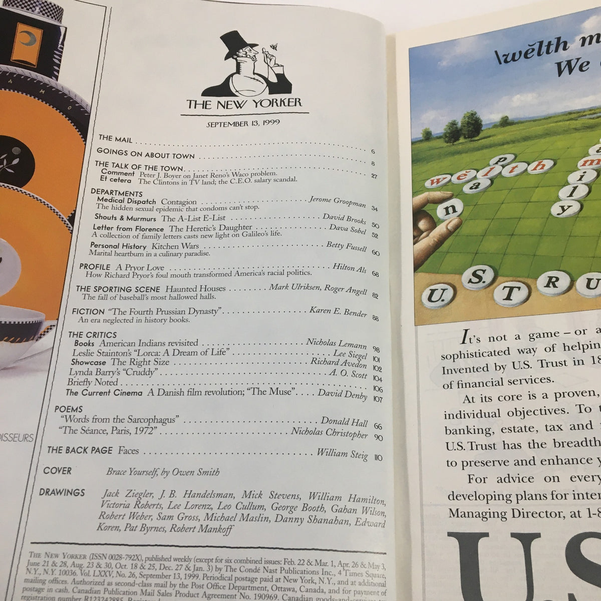 Interior page of The New Yorker Magazine September 13, 1999, displaying the table of contents and article titles, showcasing the publication's rich content.