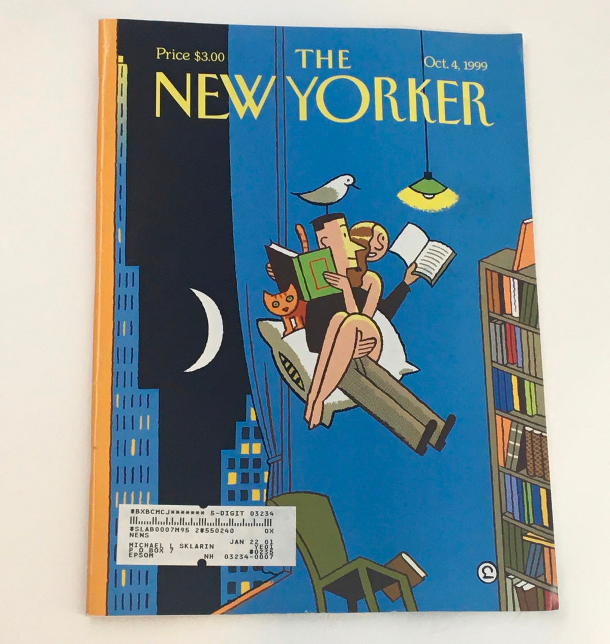 The New Yorker Full Magazine cover from October 4, 1999, featuring vibrant artwork by Ever Meulen illustrating the theme 'The Unbearable Lightness of Reading' with a couple sitting serenely, a cat, and a bird in a cozy, literary scene.