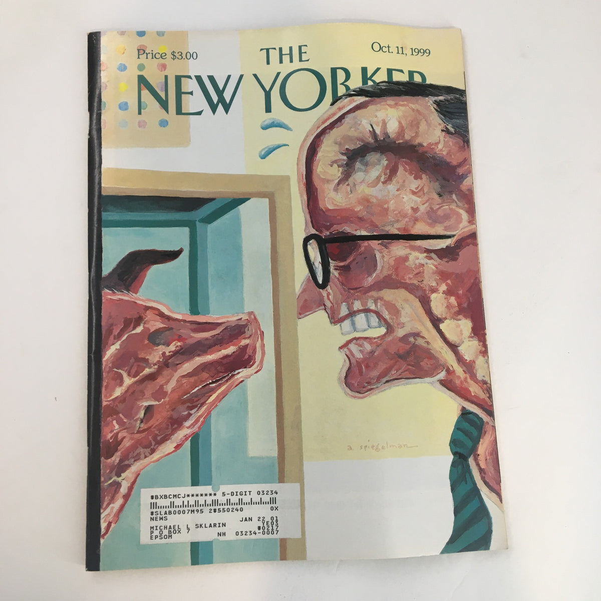 Cover of The New Yorker Magazine from October 11, 1999, featuring the artwork 'Open-Minded Mayor' by Art Spiegelman, displaying a dramatic confrontation between a man with glasses and a dog.