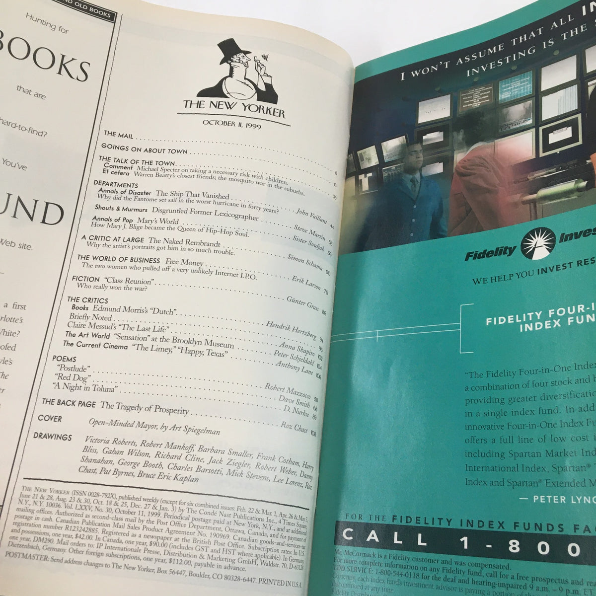 Interior page of The New Yorker Magazine, October 11, 1999, showcasing the table of contents and magazine sections, including the feature 'Open-Minded Mayor' by Art Spiegelman.