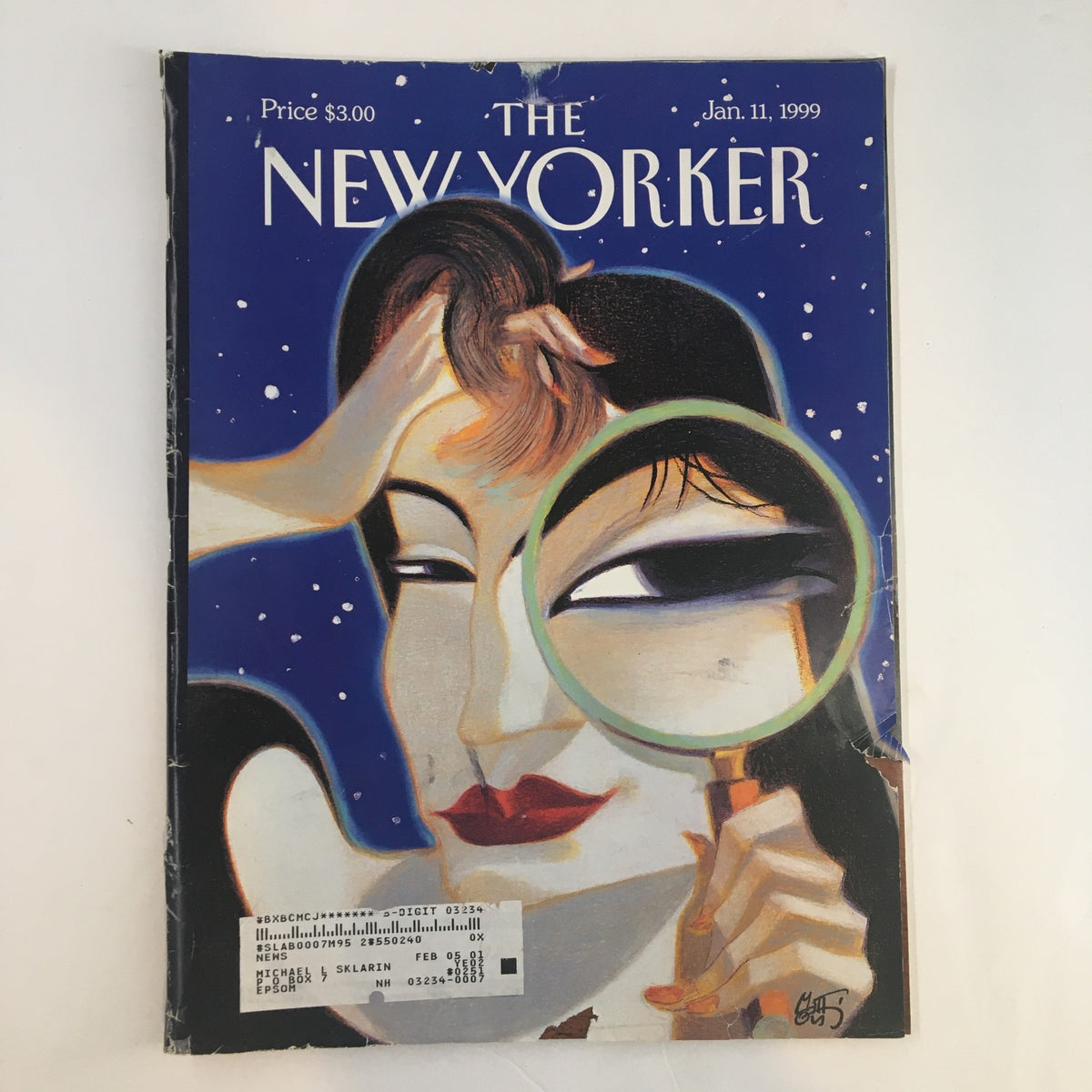 Cover of The New Yorker Full Magazine January 11, 1999 featuring artwork titled 'Spyglass' by Lorenzo Mattotti, showcasing a woman looking through a magnifying glass against a starry background.