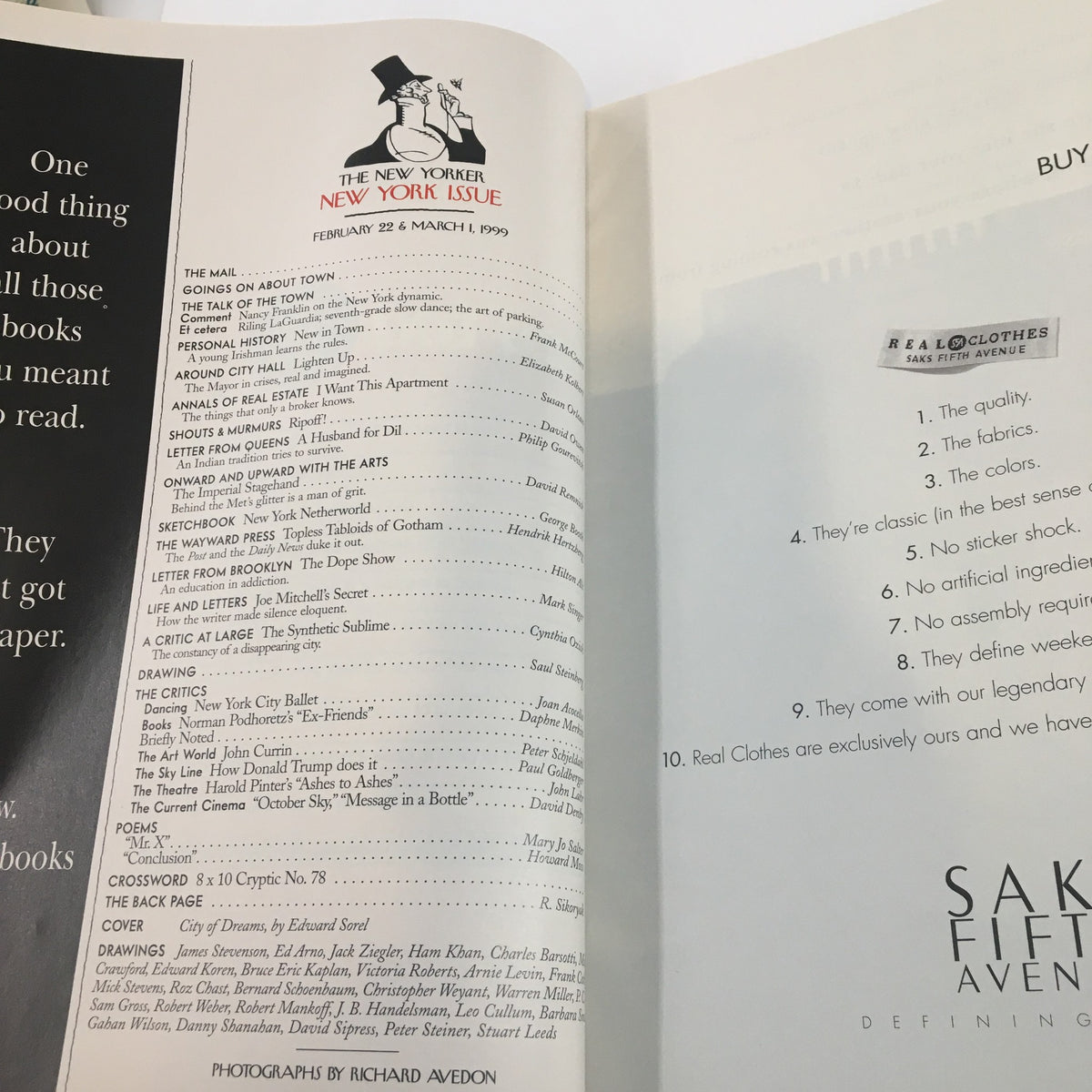 Interior page of The New Yorker Full Magazine February 22, 1999, showcasing the table of contents, highlighting articles and features from the issue.