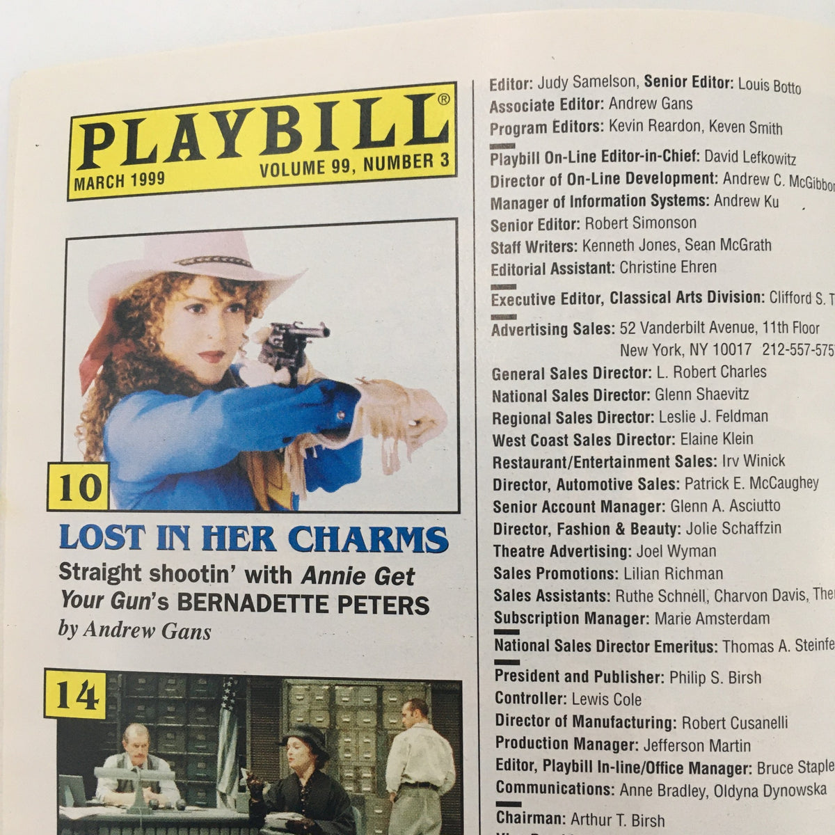 1999 Playbill from Booth Theatre featuring 'Via Dolorosa' written and performed by David Hare, showcasing the play's editorial page with contributions from various theatre professionals.