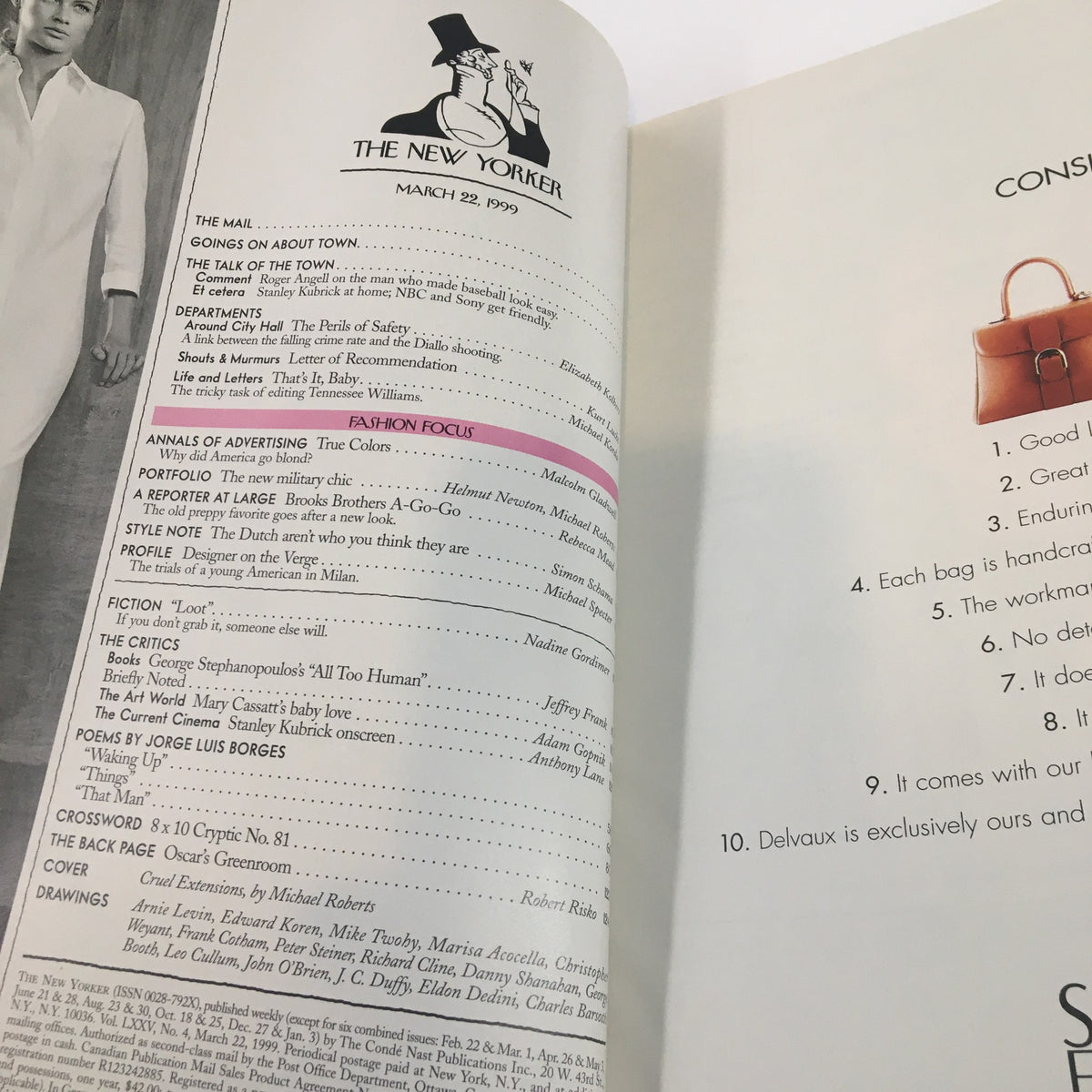 Interior page of The New Yorker Full Magazine March 22 1999, showcasing table of contents and articles, including 'Cruel Extensions' by Michael Roberts, and advertisements, indicative of the magazine's style and content.