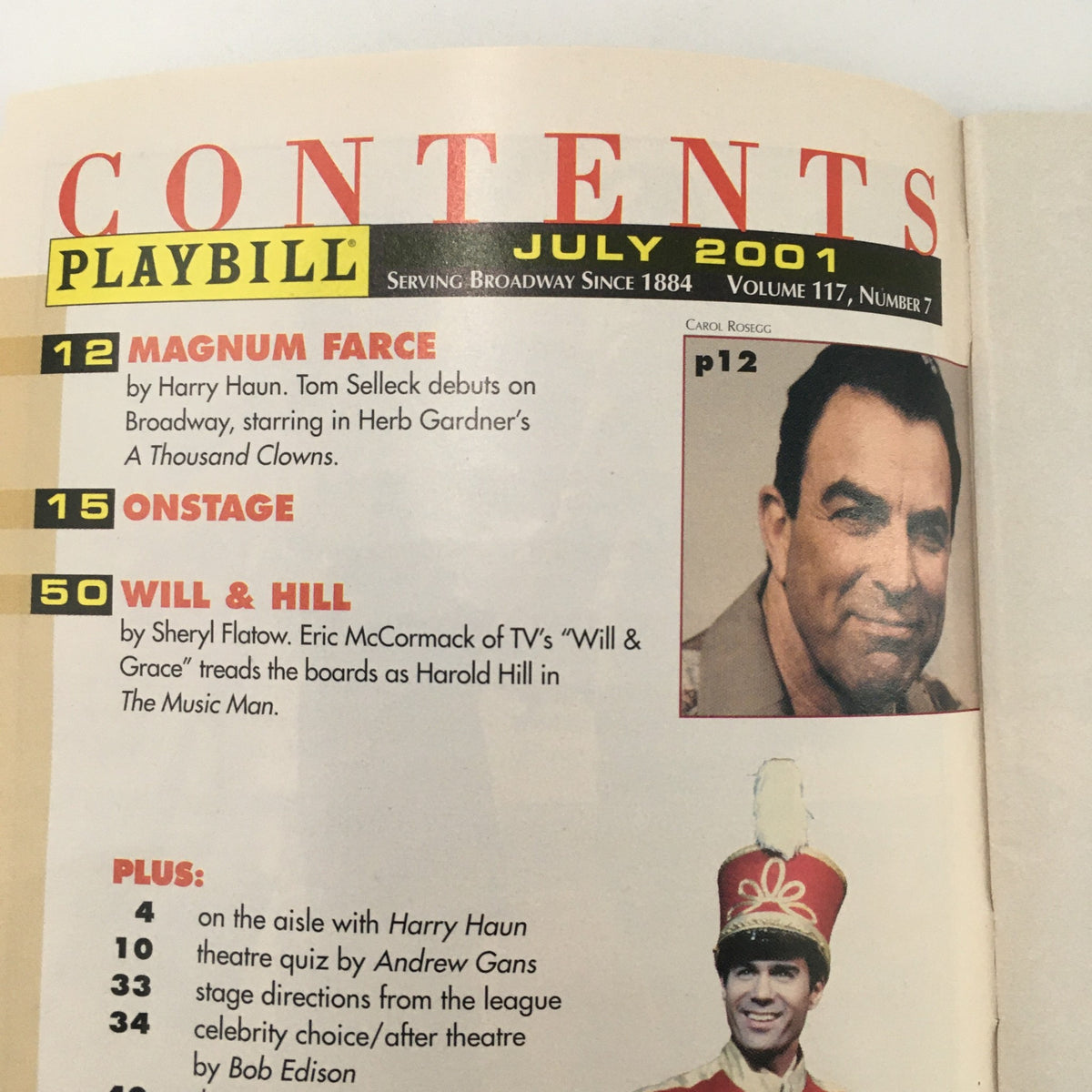 Contents page from the July 2001 Playbill, including listings for 'Magnum Farce' and 'Will & Hill'.