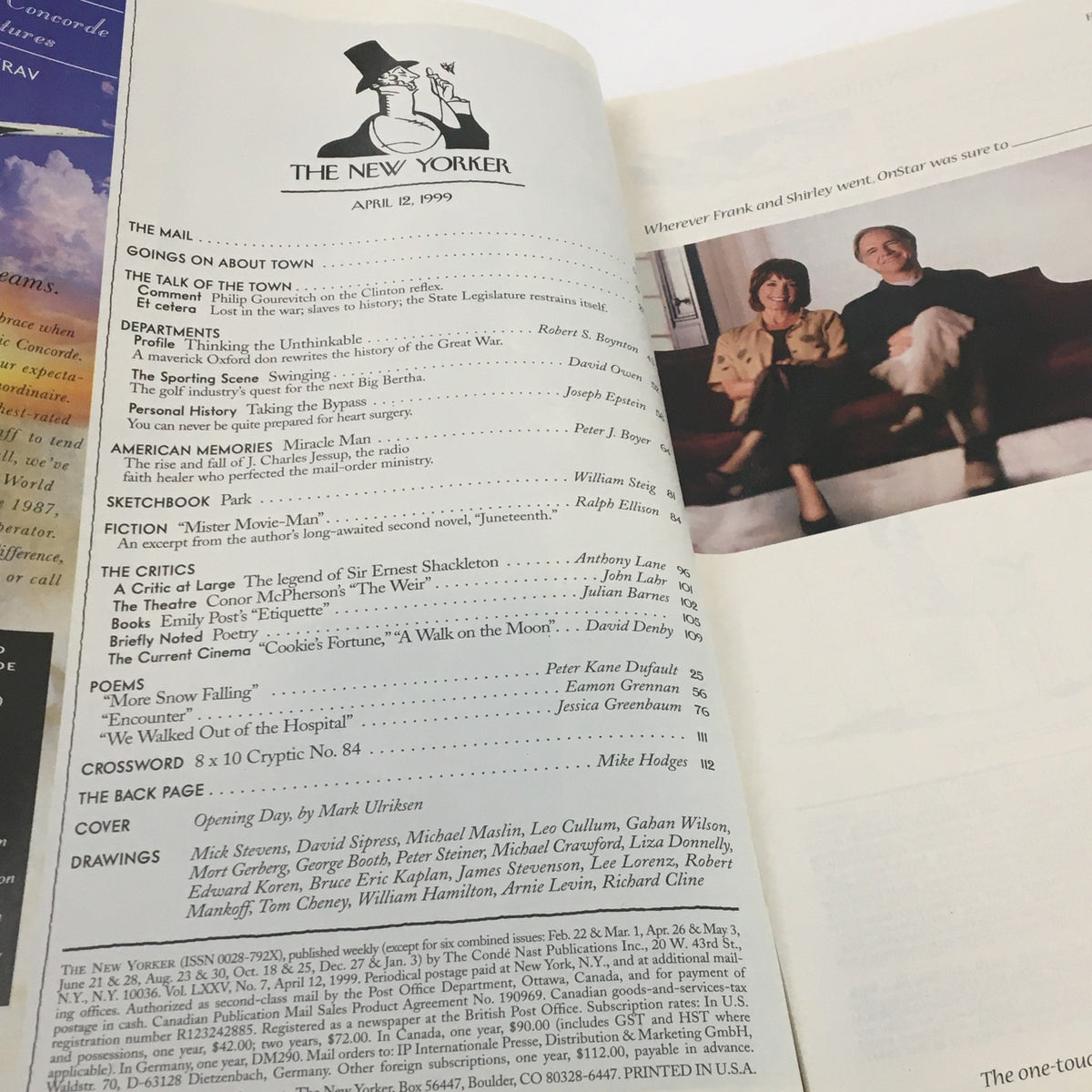 Interior page of The New Yorker magazine from April 12, 1999, featuring the title 'Opening Day by Mark Ulriksen'. The page displays the table of contents and highlighted articles, showcasing the publication's classic layout and design style.