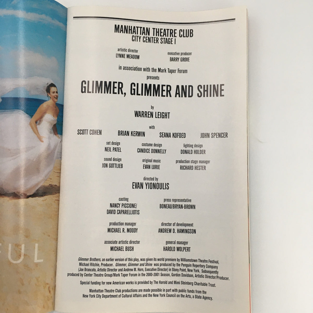 The cast page from the 2001 Playbill for Glimmer, Glimmer & Shine, detailing the cast members and creative team involved in the production.