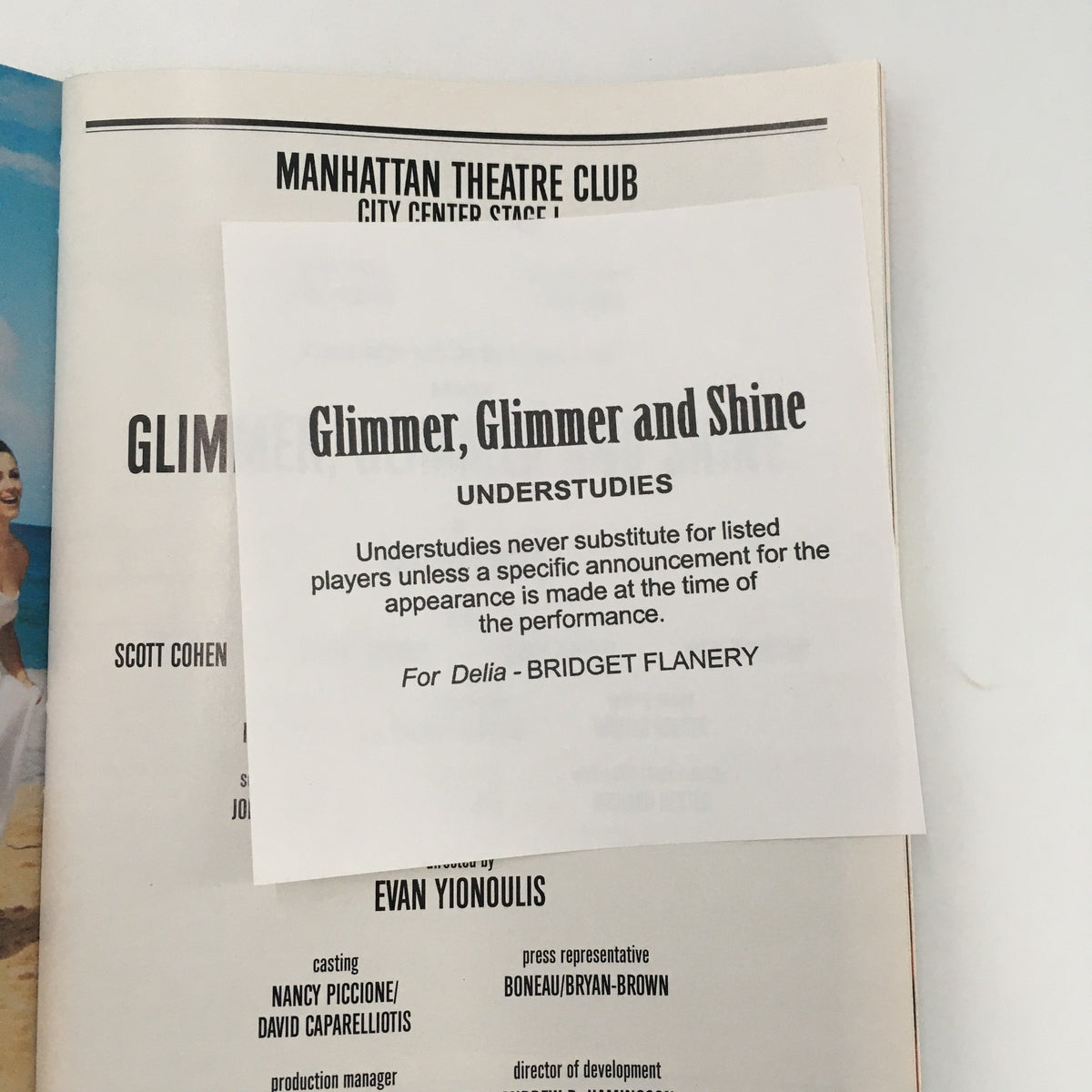 A detached information paper from the 2001 Playbill for Glimmer, Glimmer & Shine, outlining the understudies for the production, specifically noting Bridget Flanery.