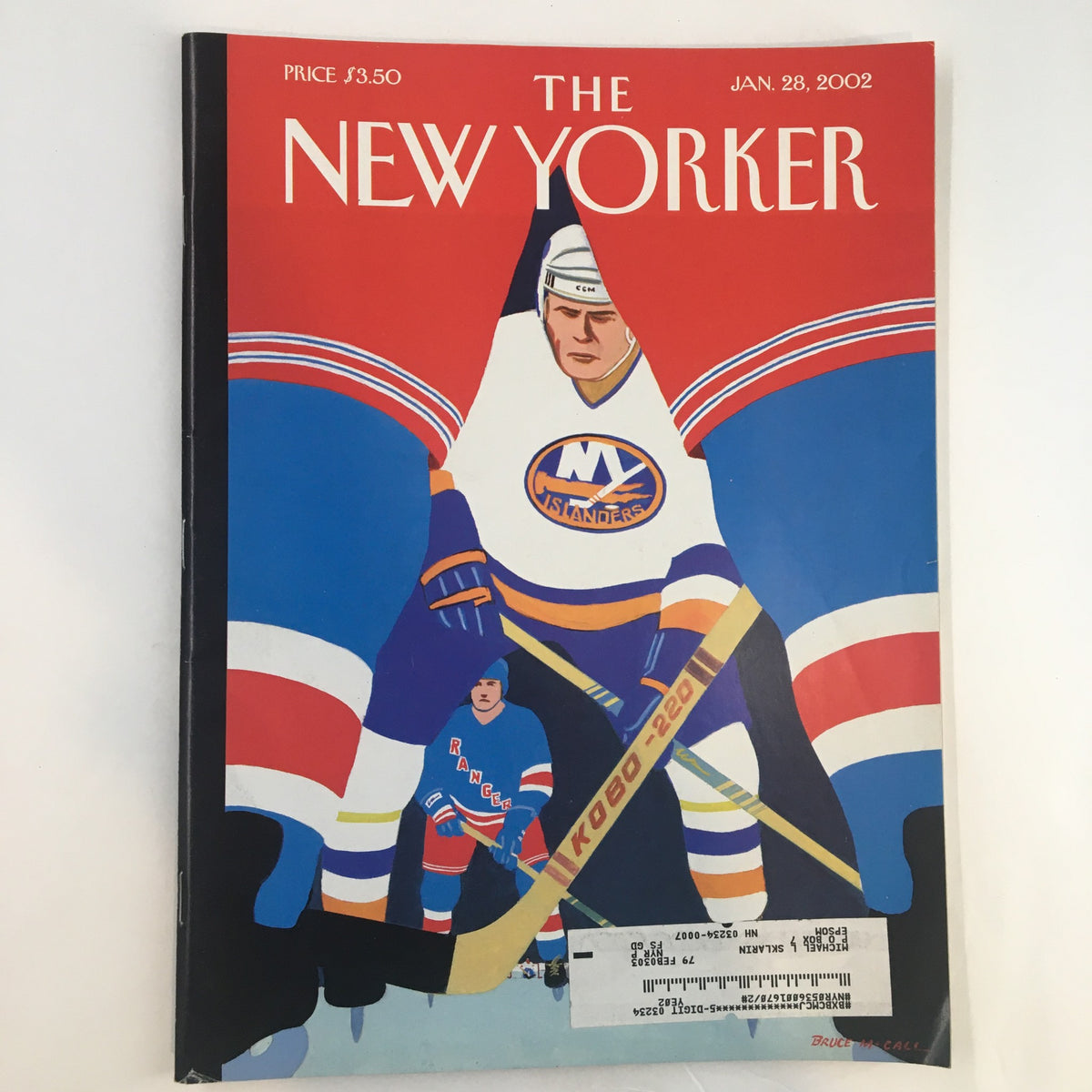 The New Yorker Full Magazine January 28 2002 cover featuring Ice Level artwork by Bruce McCall, showcasing an ice hockey scene with vibrant colors.