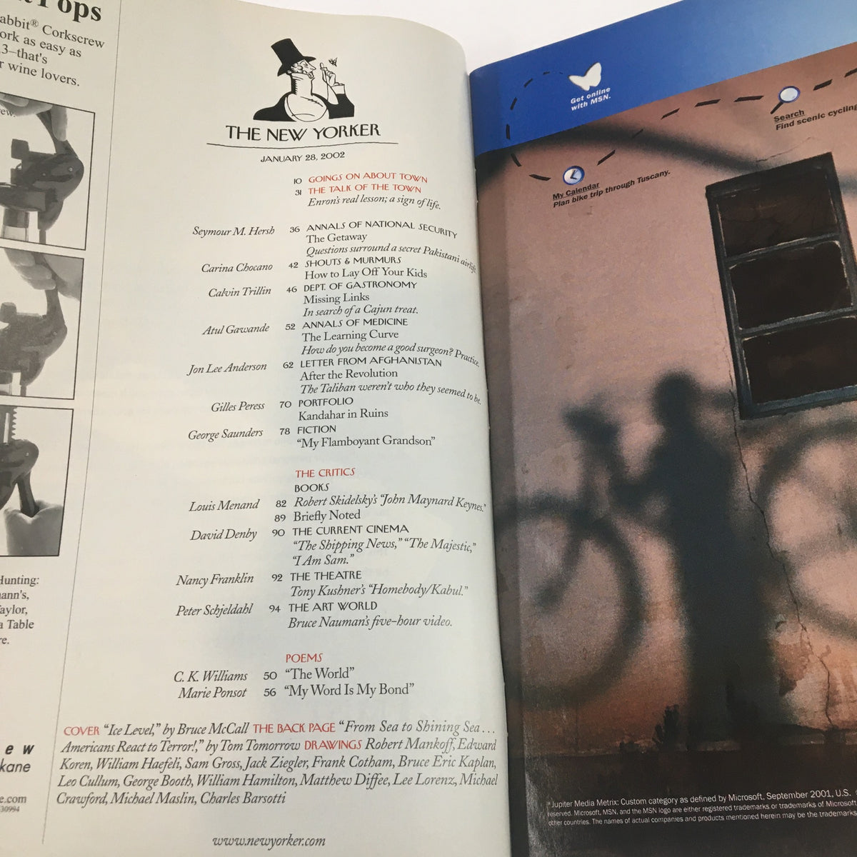 Interior page of The New Yorker Full Magazine January 28 2002 displaying table of contents and articles, reflecting the magazine's blend of cultural commentary and artistic visuals.