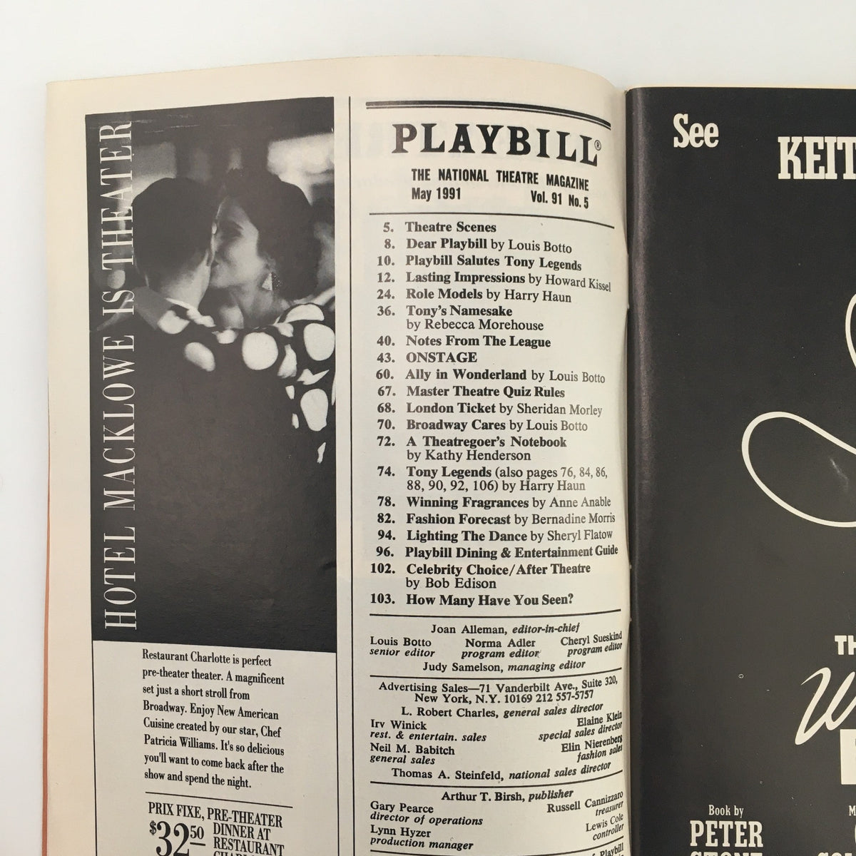 Inside page of the 1991 Playbill for 'Walking The Dead', showcasing the table of contents and various articles related to theater, set against a background image of a couple at a theater.