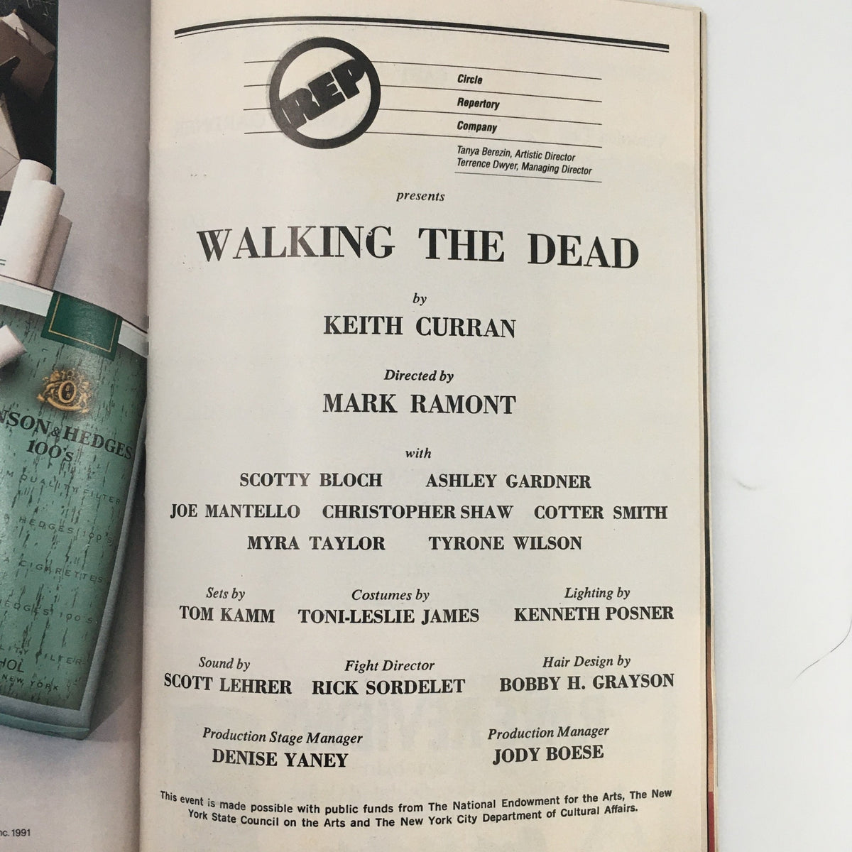 1991 Playbill for Circle Repertory Company's production of 'Walking The Dead' by Keith Curran, directed by Mark Ramont, featuring cast members Scotty Bloch, Myra Taylor, and others, along with production details including set and costume designers.