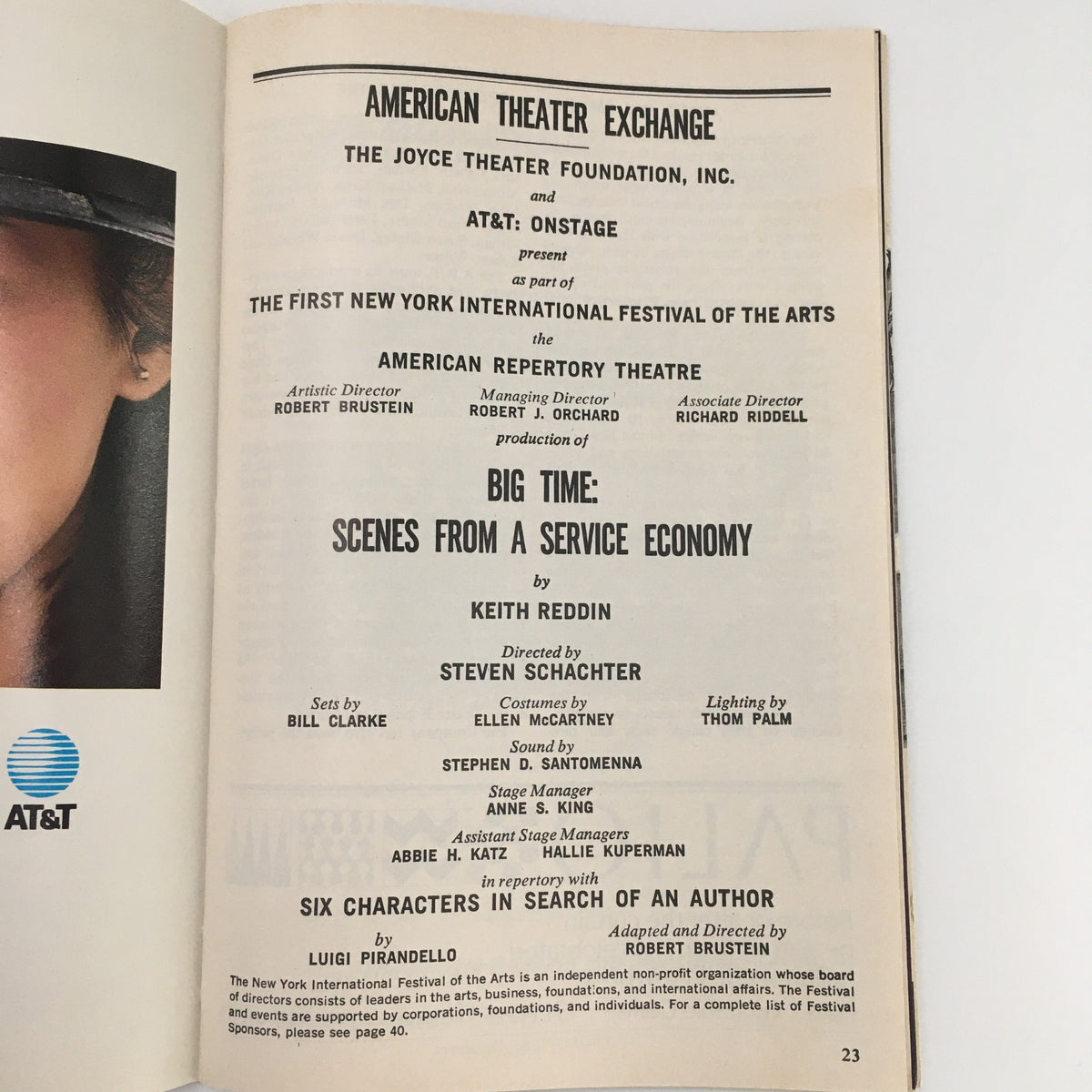 Cover page of the 1988 Playbill from the American Theater Exchange featuring 'Big Time: Scenes From A Service Economy,' directed by Steven Schachter, highlighting cast and crew details.