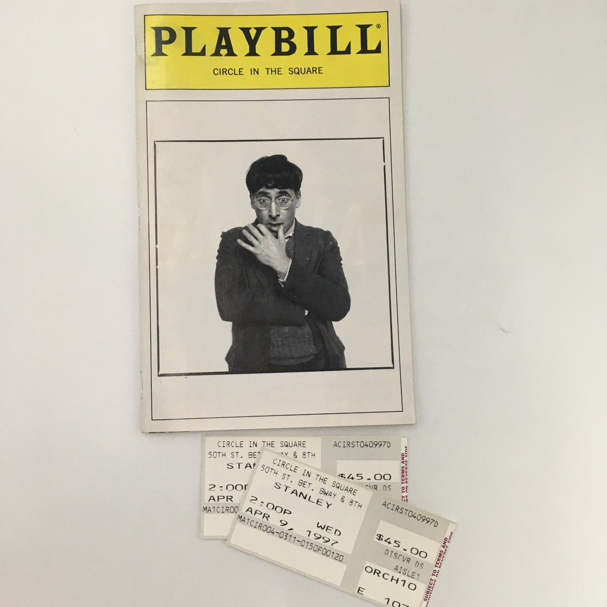 1997 Playbill for Stanley at Circle in the Square Theatre featuring Jase Blankfort and Victoria Boothby, accompanied by original tickets from the performance.