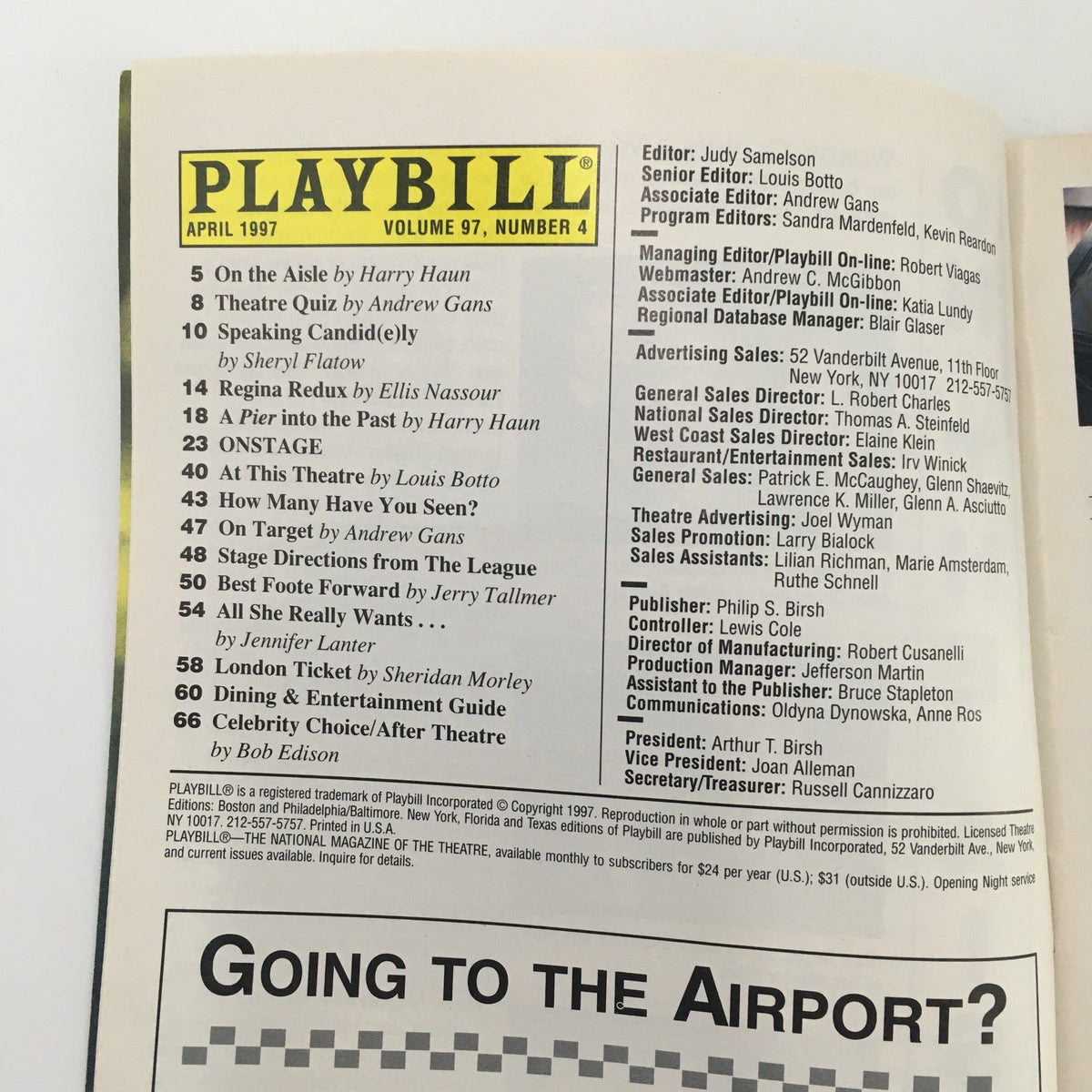 Content page of the April 1997 Playbill, featuring editorial details and articles related to the production of Stanley.