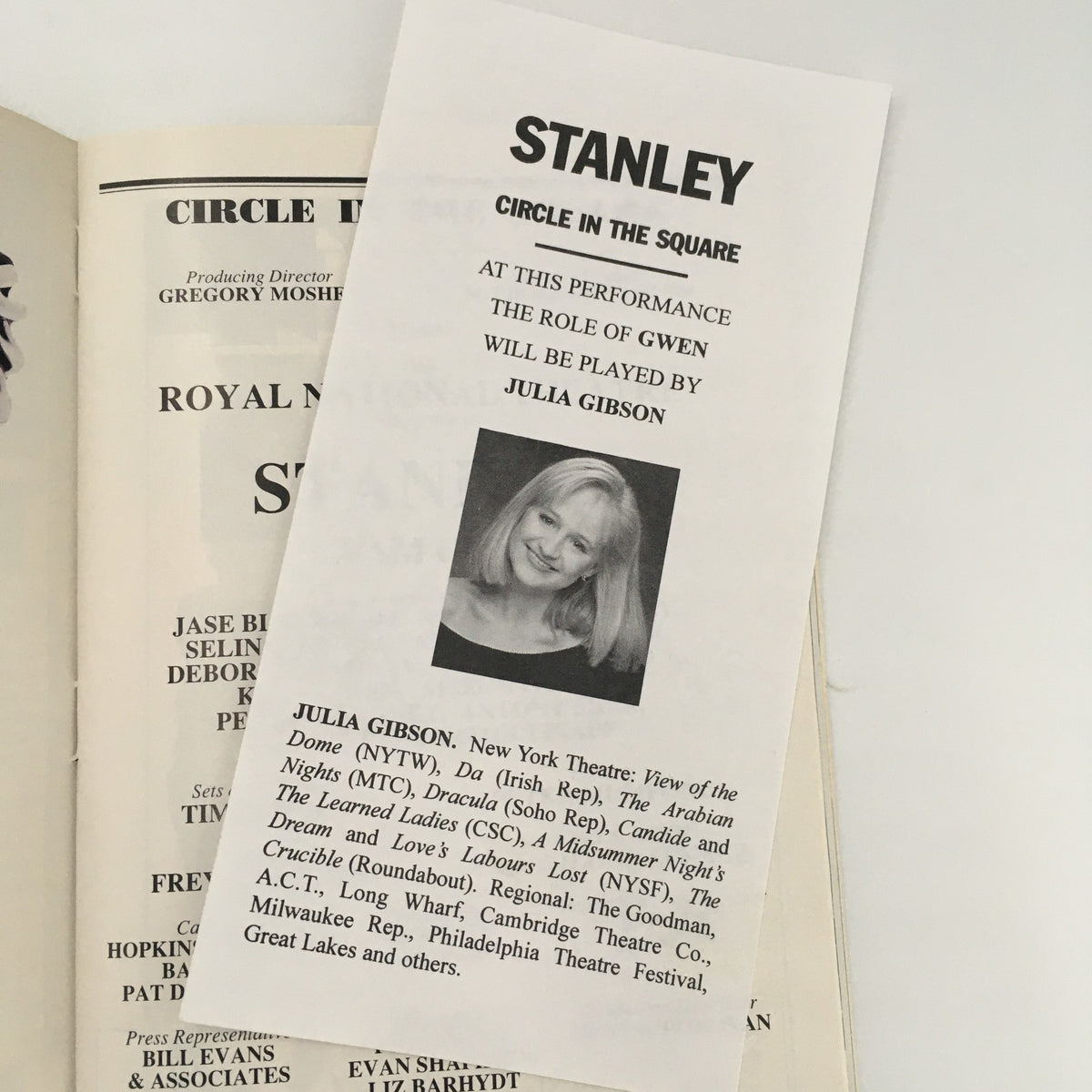 Information sheet from the 1997 Playbill for Stanley, detailing the role of Gwen to be played by Julia Gibson.